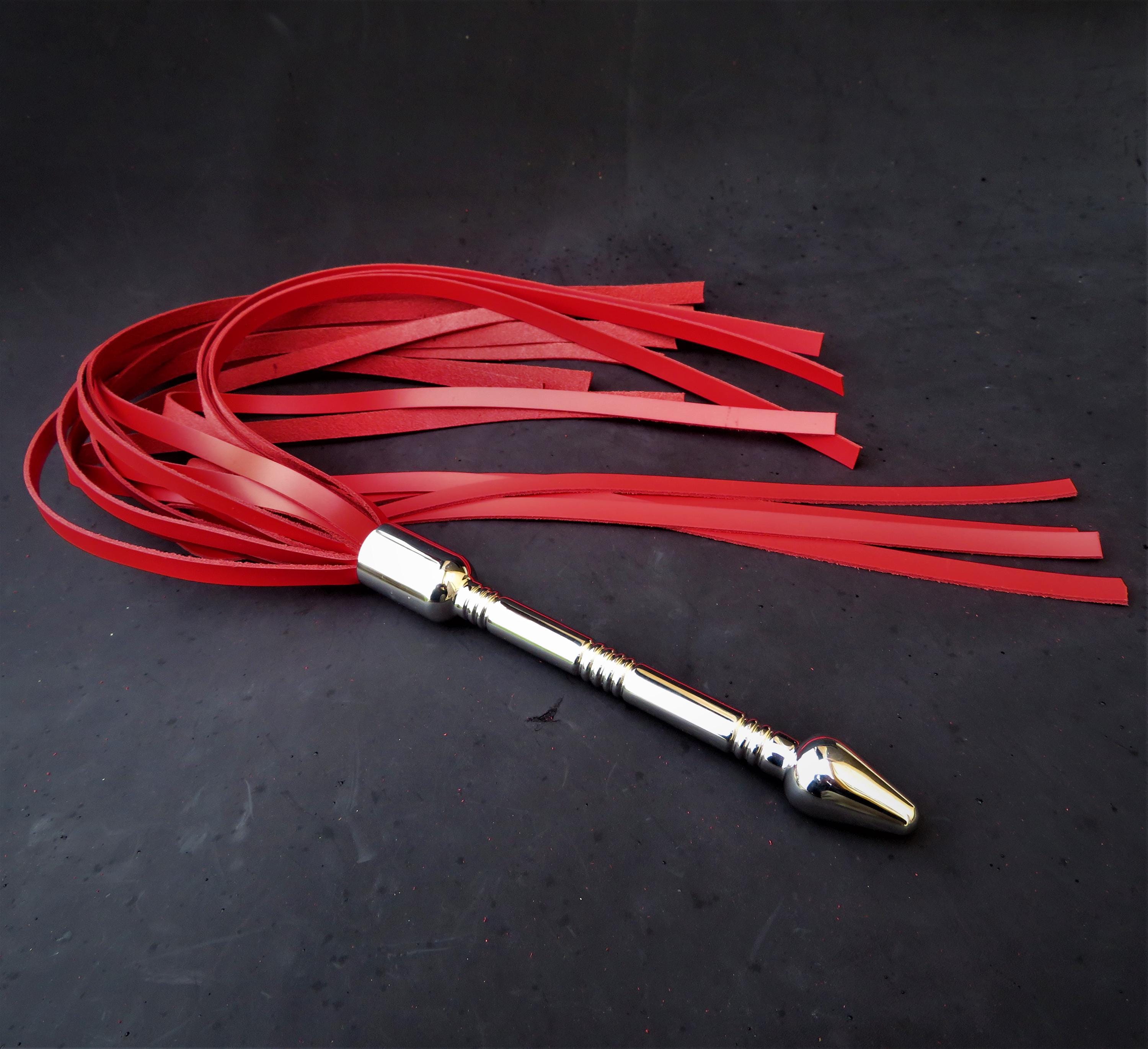 Handcrafted Red Leather Flogger with Stainless Steel Handle