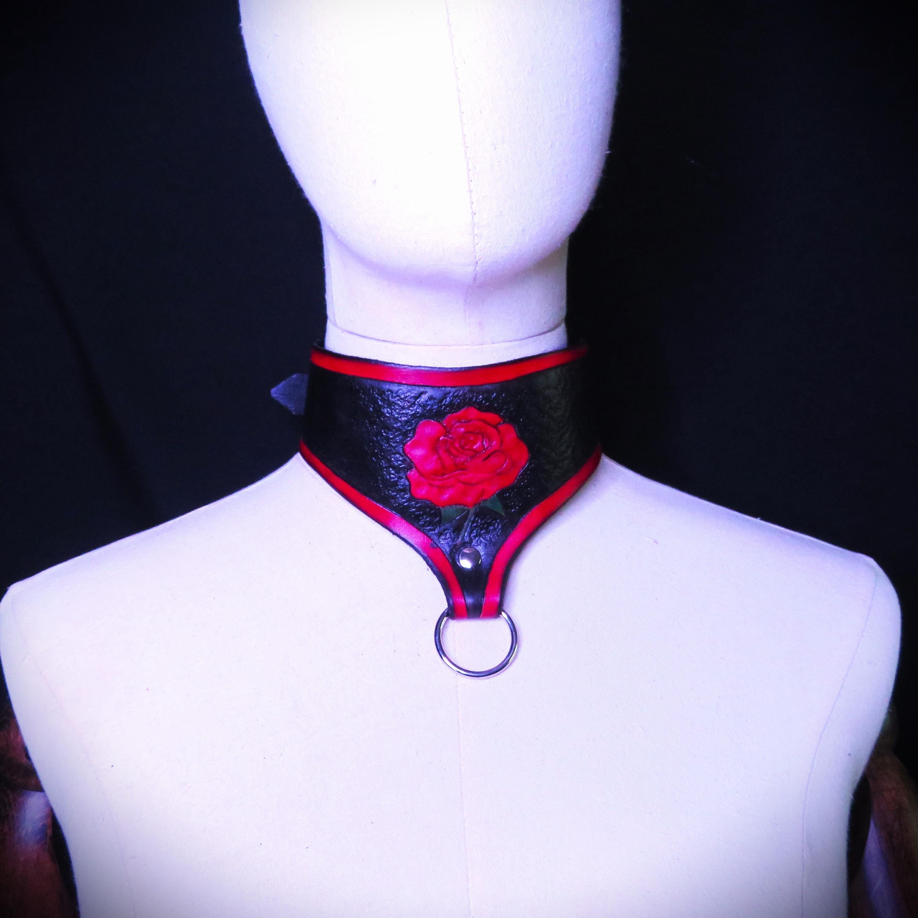 Handmade Black and Red Leather Collar with Tooled Rose Design