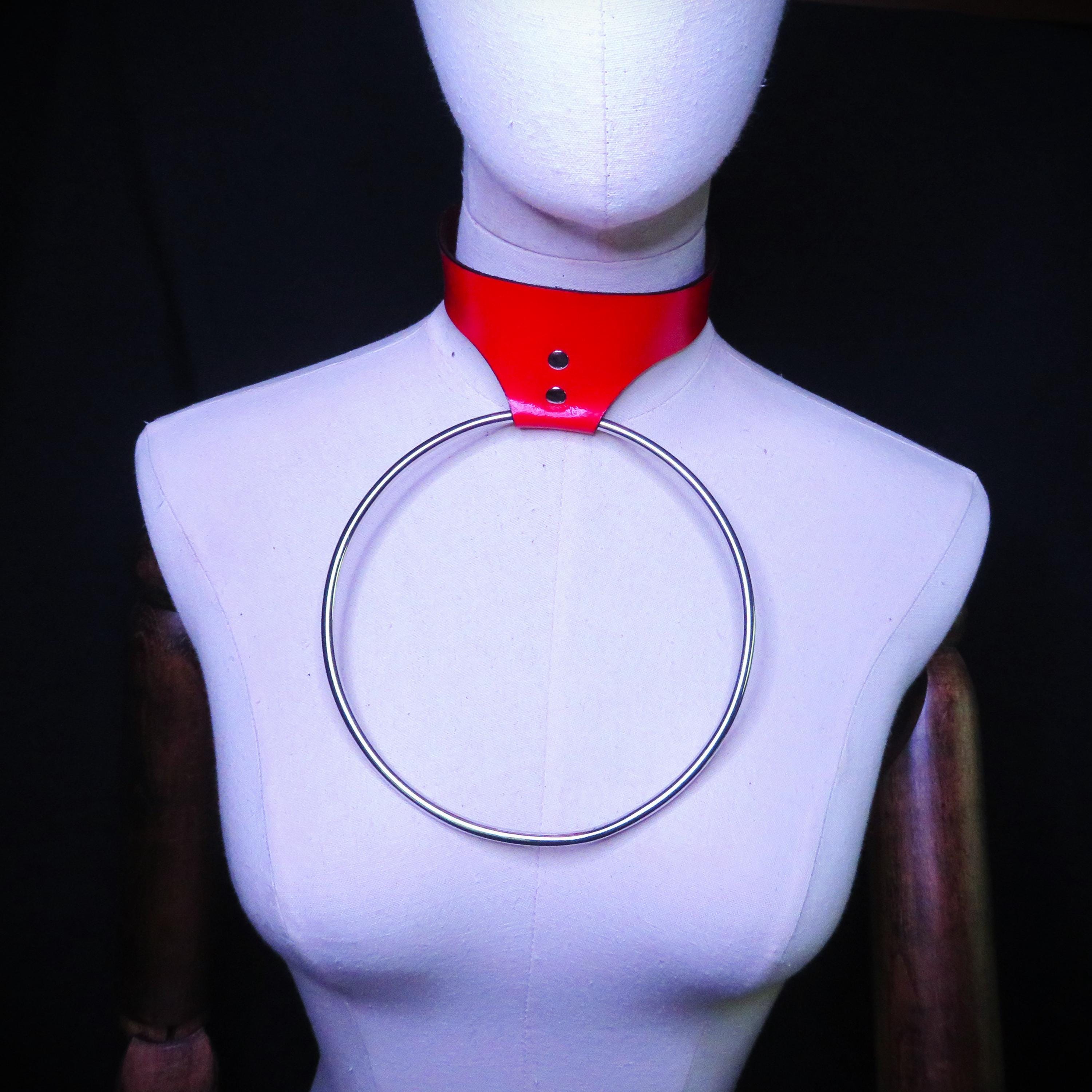 Handmade Red Leather BDSM Collar with Stainless Steel Ring