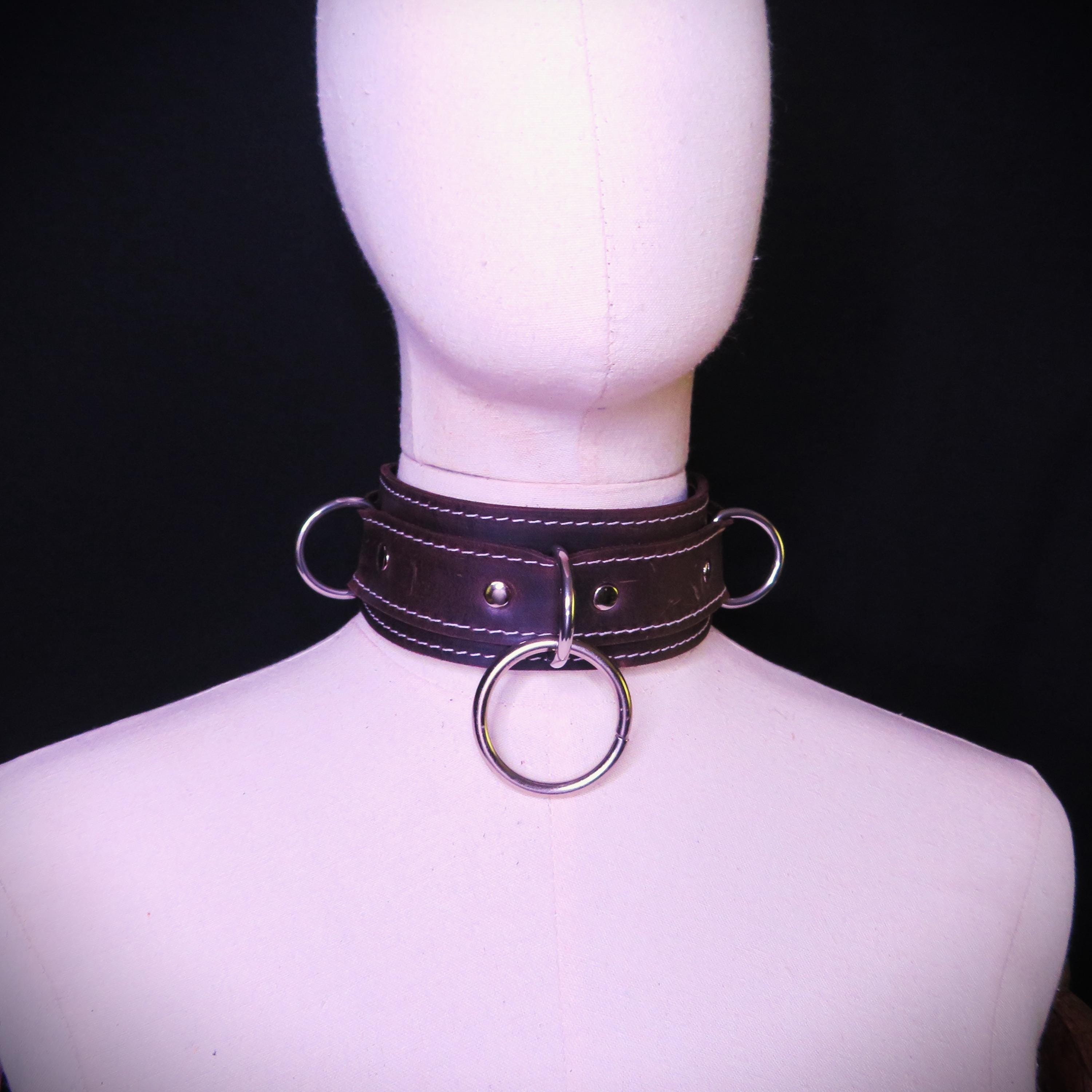 Handmade Crazy Horse Leather BDSM Collar – Brown with White Stitching