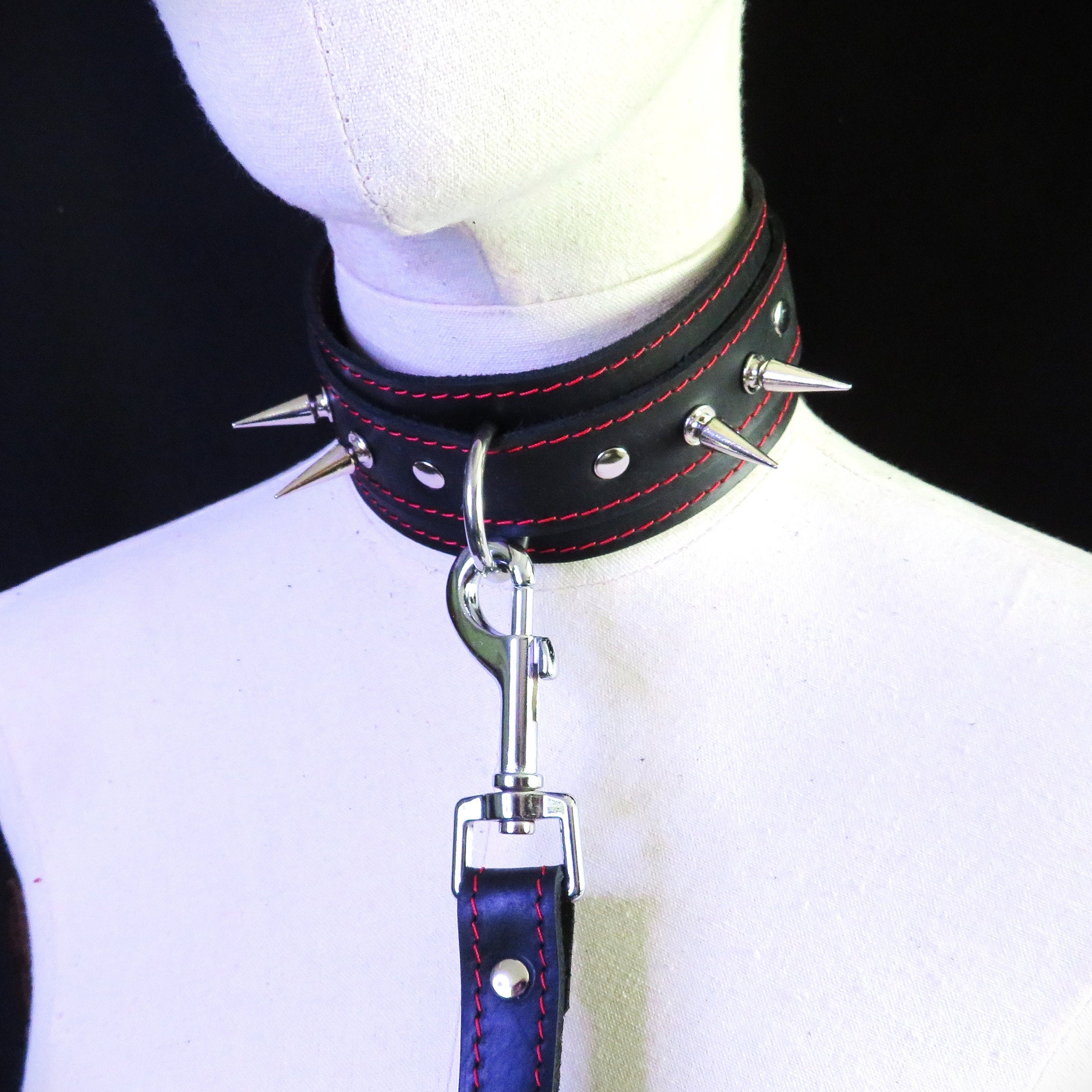 Handmade Black Leather Collar with Stainless Steel Ring & Spikes