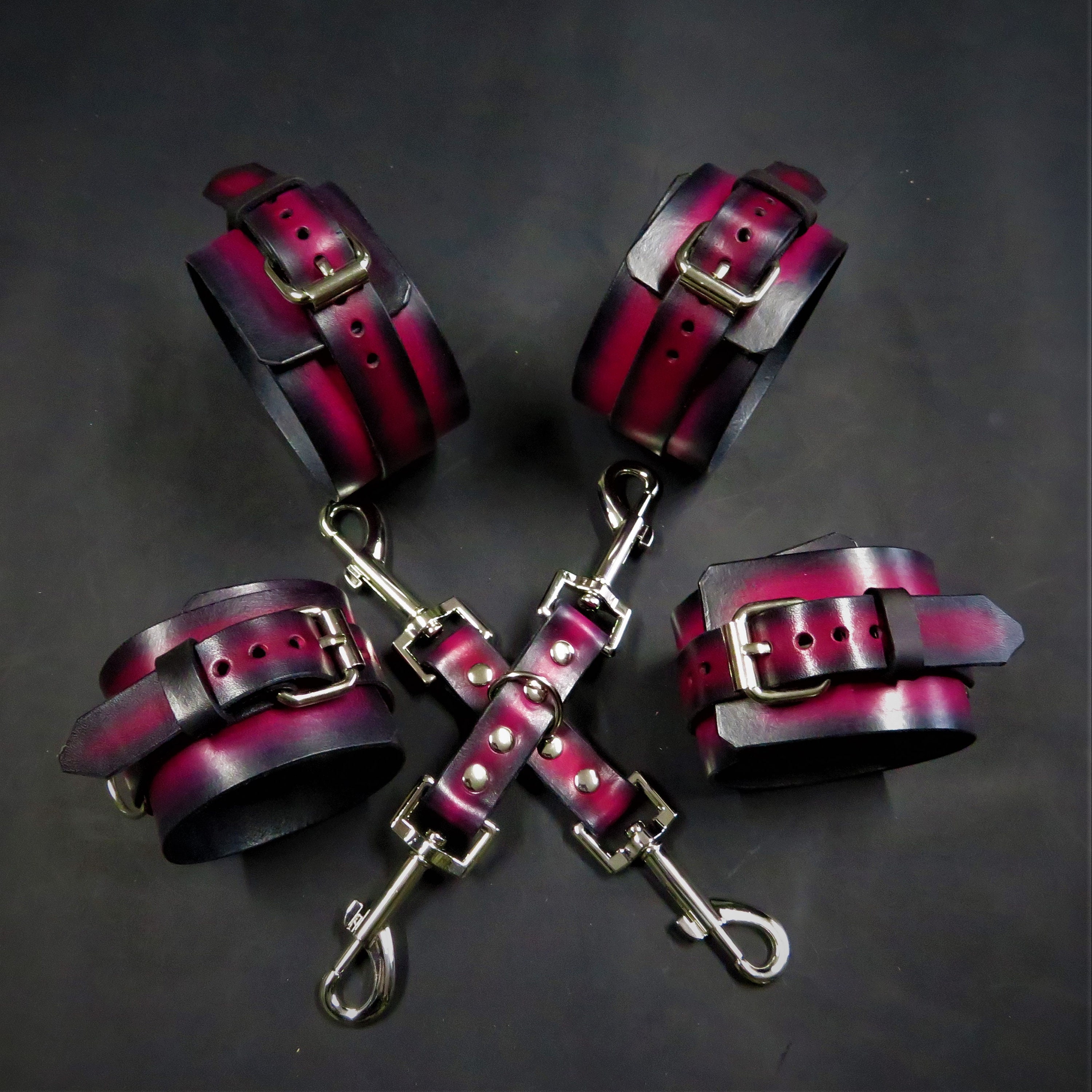 Handcrafted Leather Restraint Set – Black & Red Leather Wrist and Ankle Cuffs