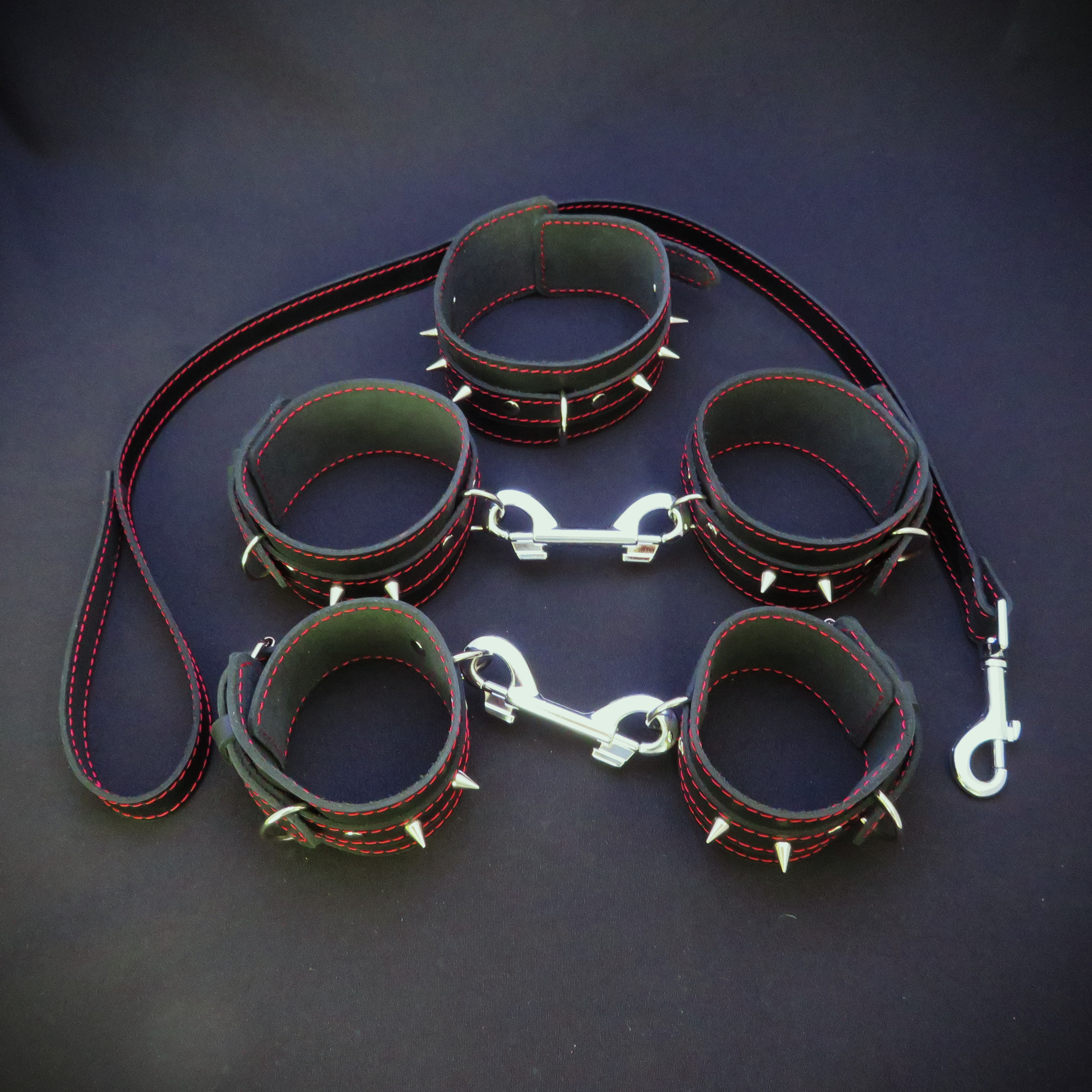 Submissive Restraints Full Set – Premium Black Leather with Red Stitching and Spikes
