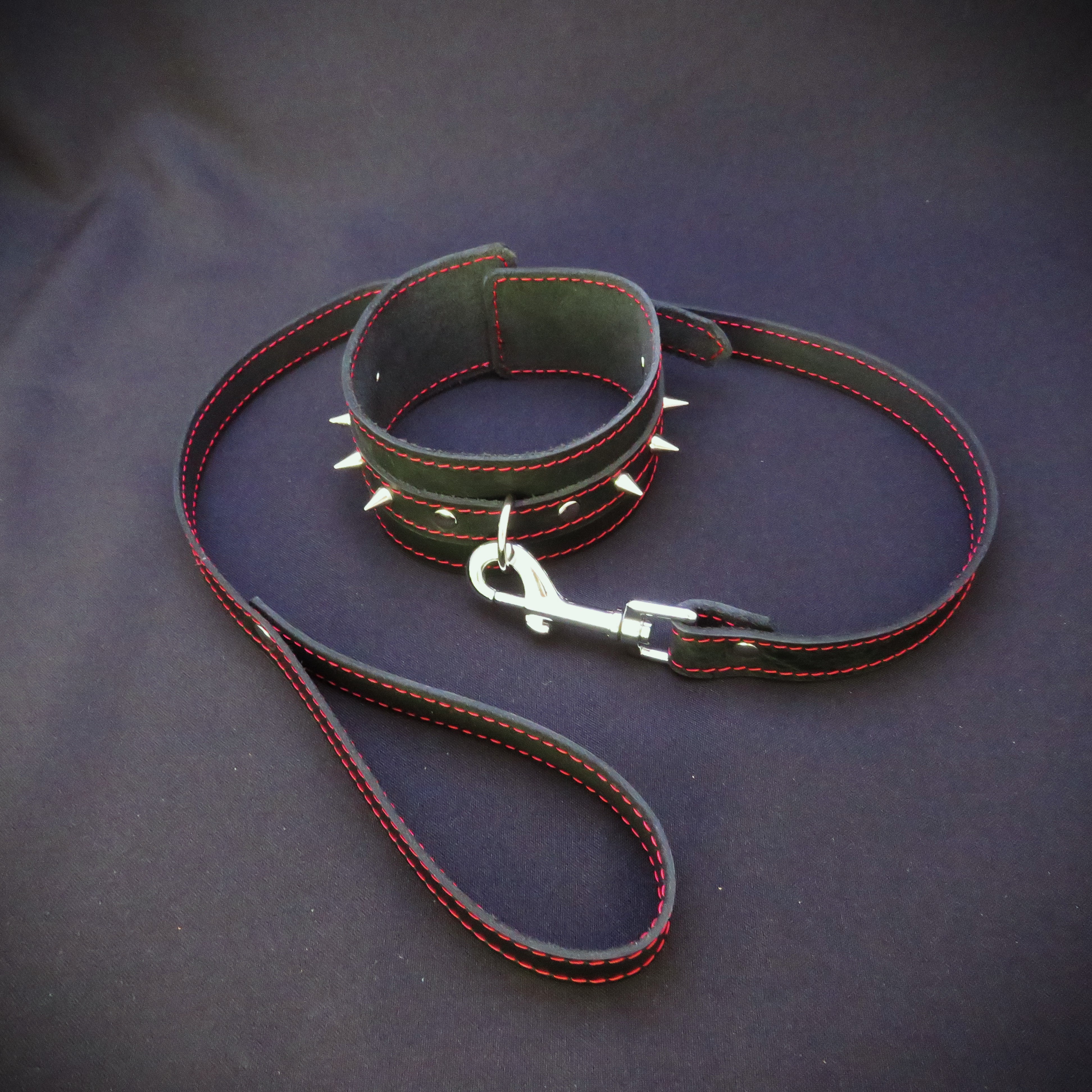Submissive Restraints Full Set – Premium Black Leather with Red Stitching and Spikes
