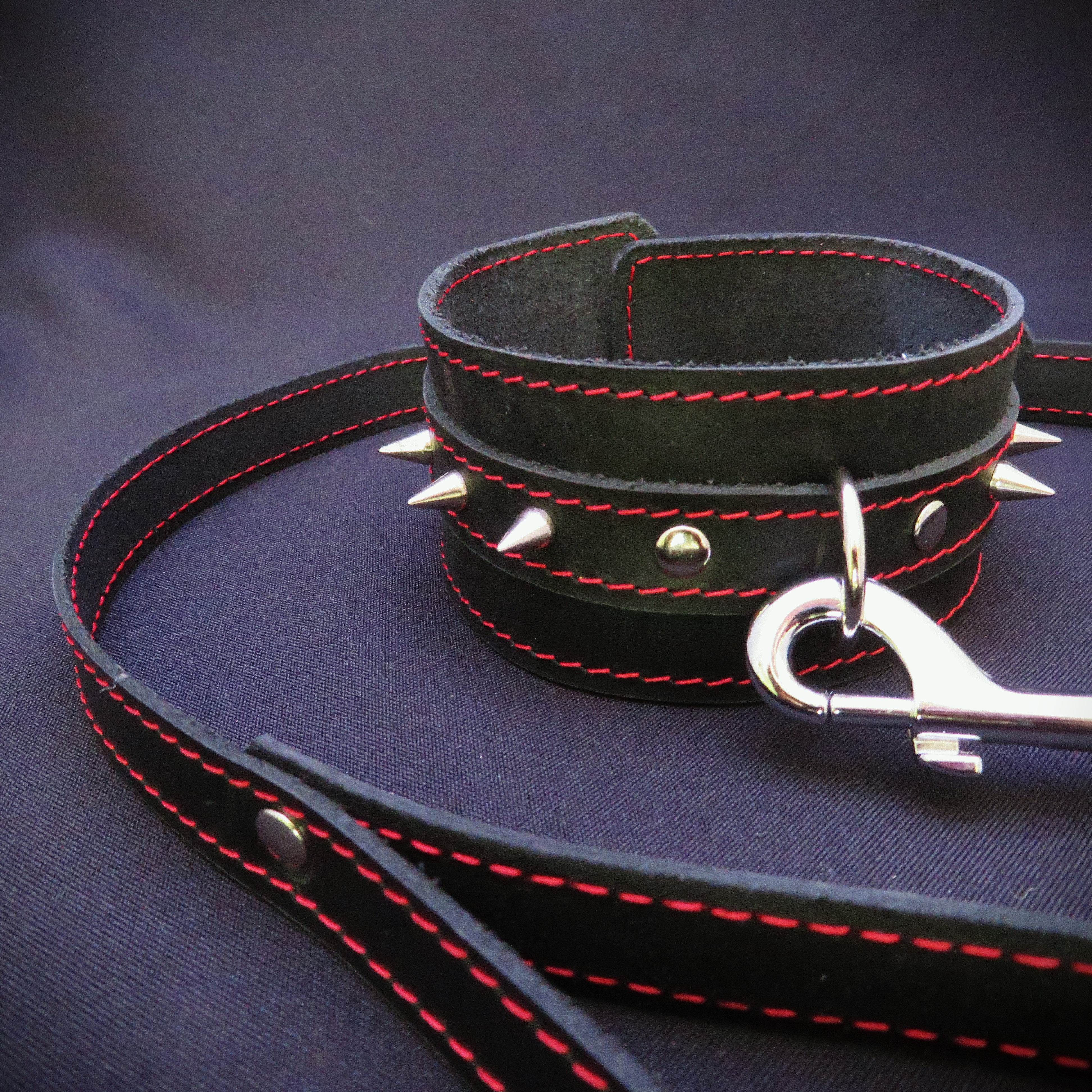 Submissive Restraints Full Set – Premium Black Leather with Red Stitching and Spikes