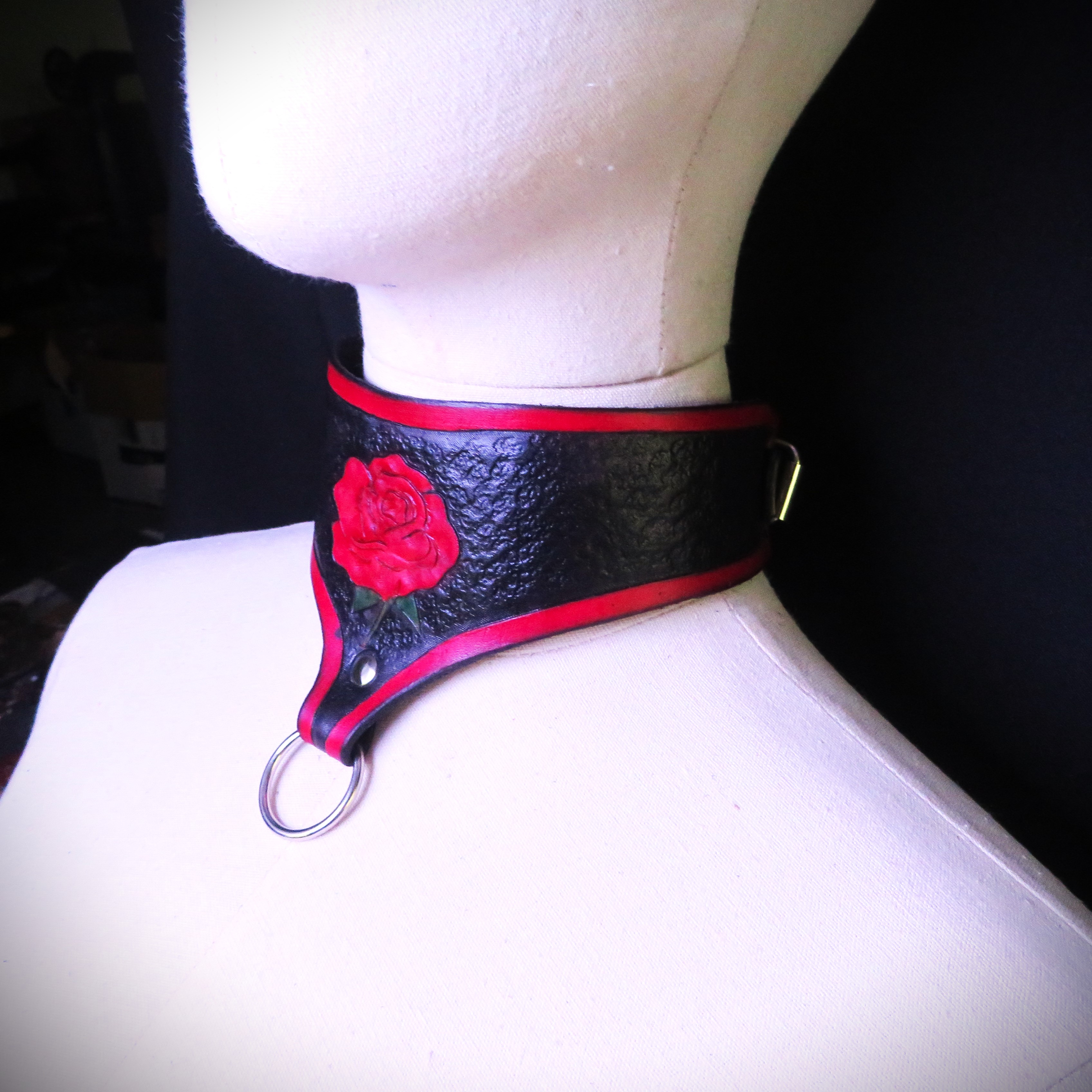 Handmade Black and Red Leather Collar with Tooled Rose Design