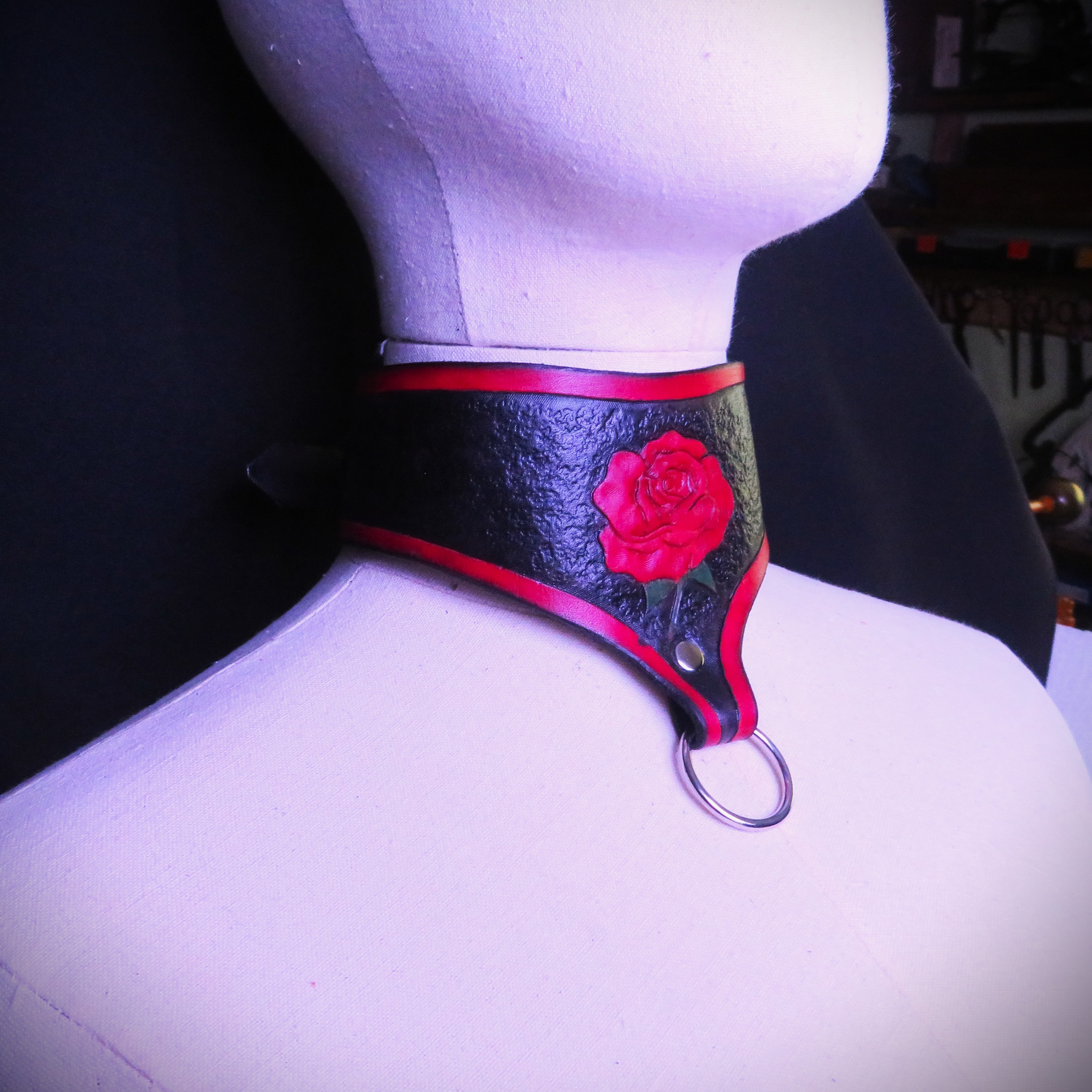 Handmade Black and Red Leather Collar with Tooled Rose Design