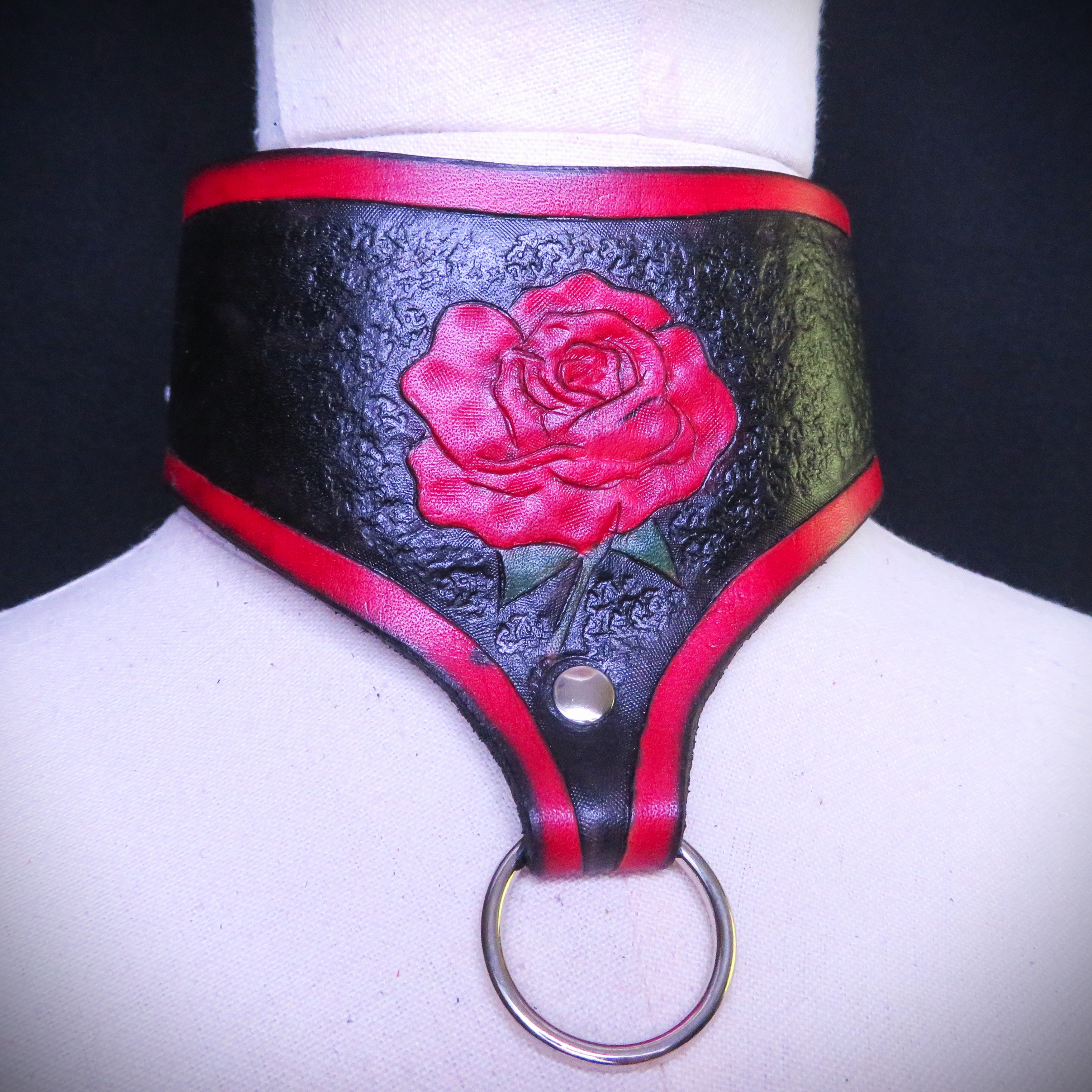 Handmade Black and Red Leather Collar with Tooled Rose Design