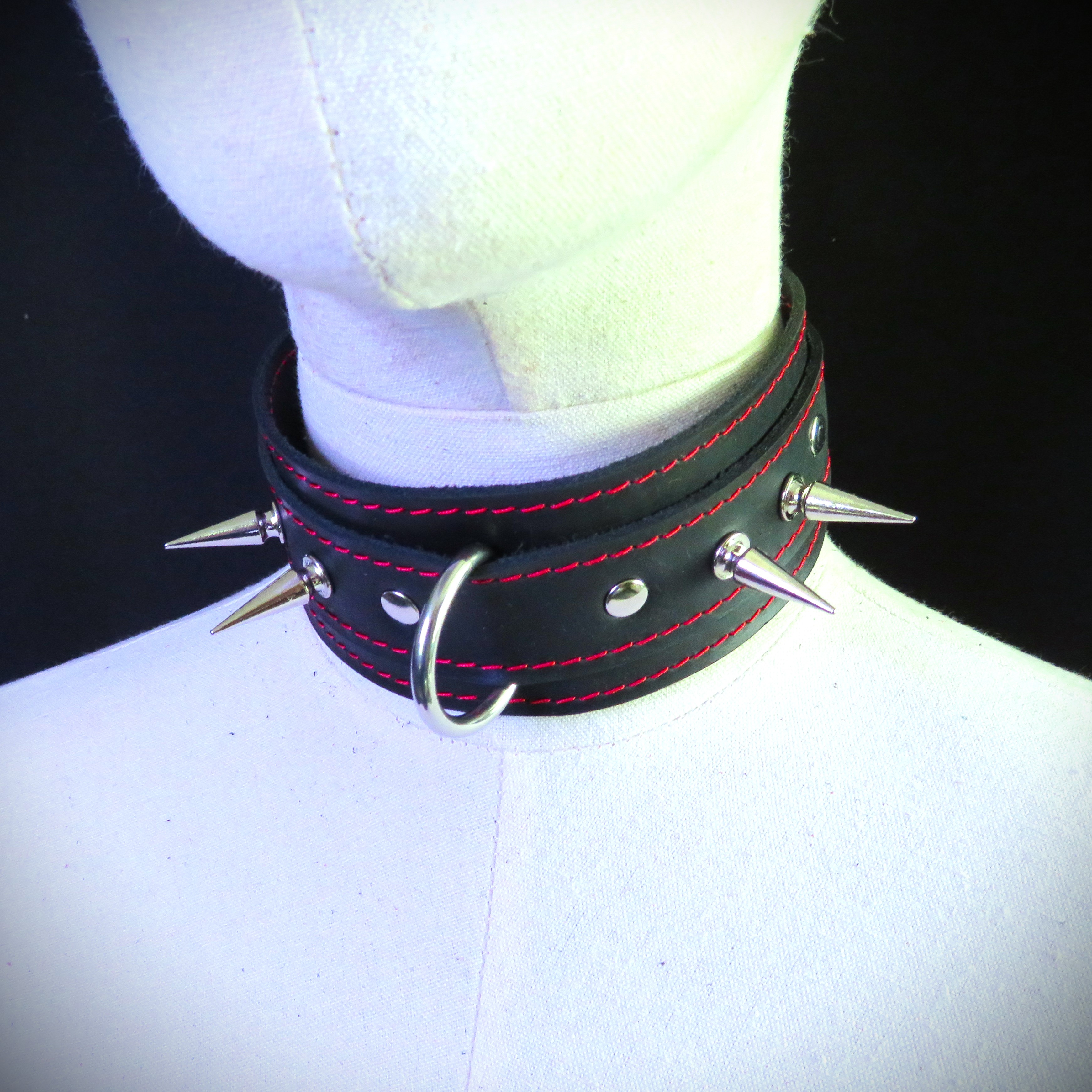 Handmade Black Leather Collar with Stainless Steel Ring & Spikes