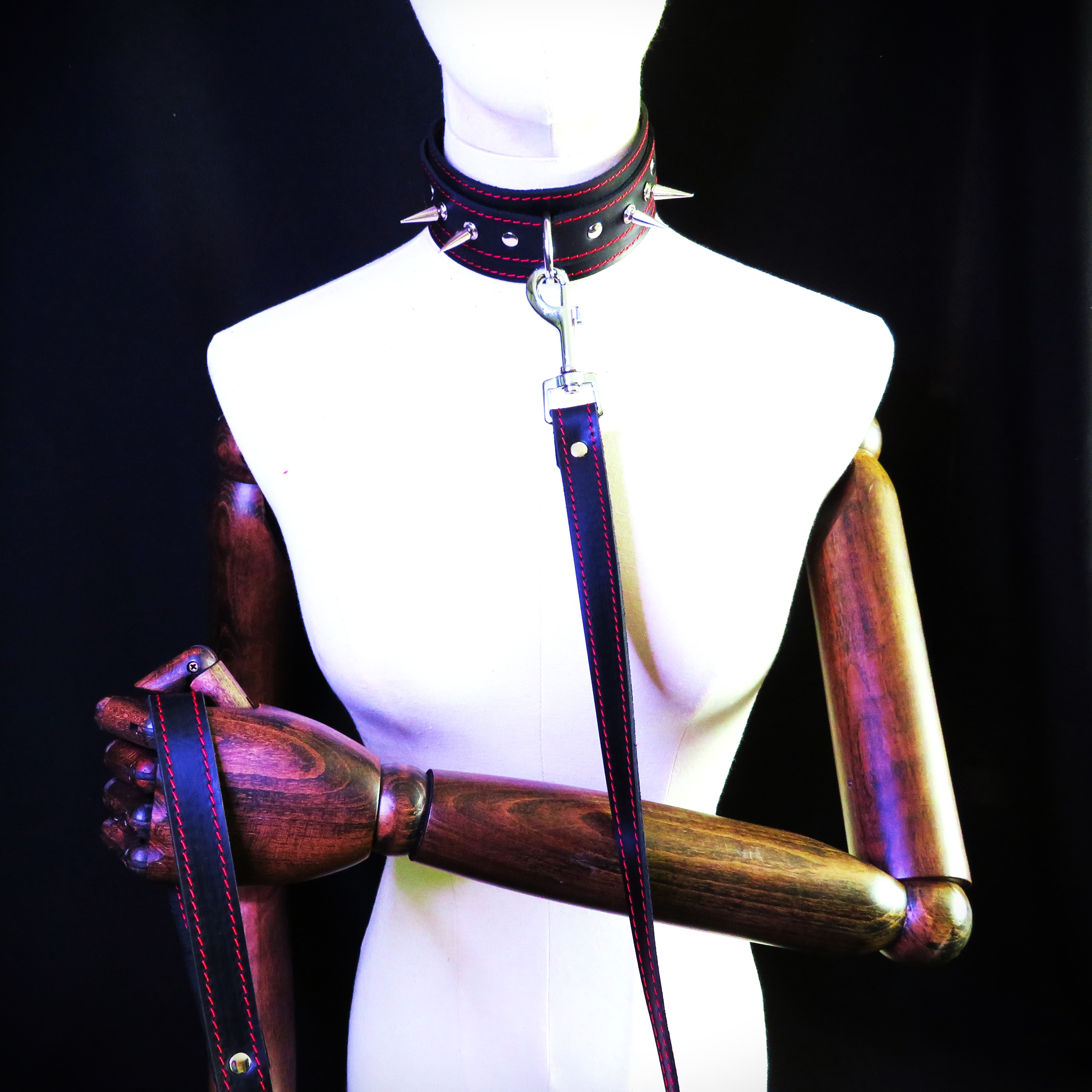 Handmade Black Leather Collar with Stainless Steel Ring & Spikes