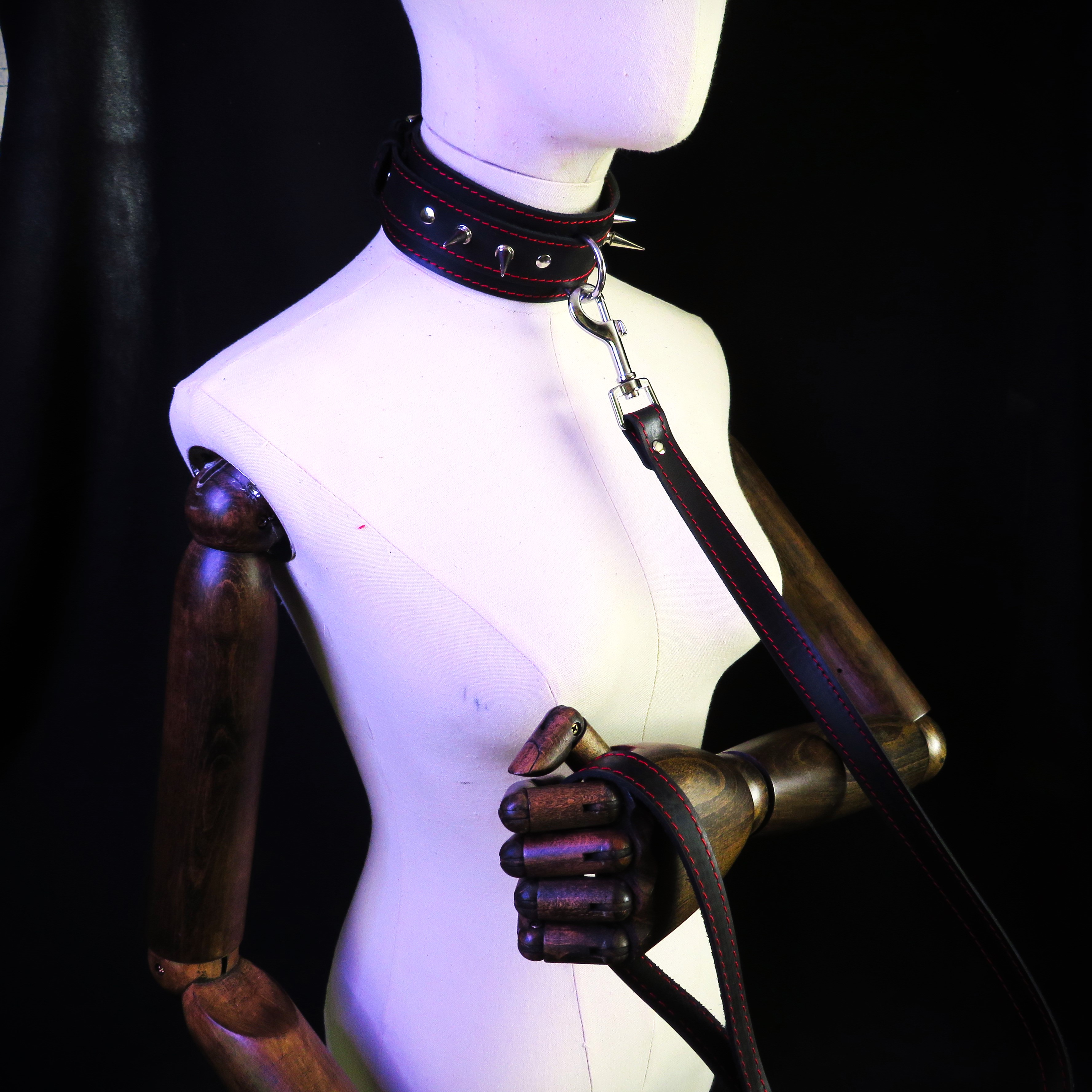 Handmade Black Leather Collar with Stainless Steel Ring & Spikes