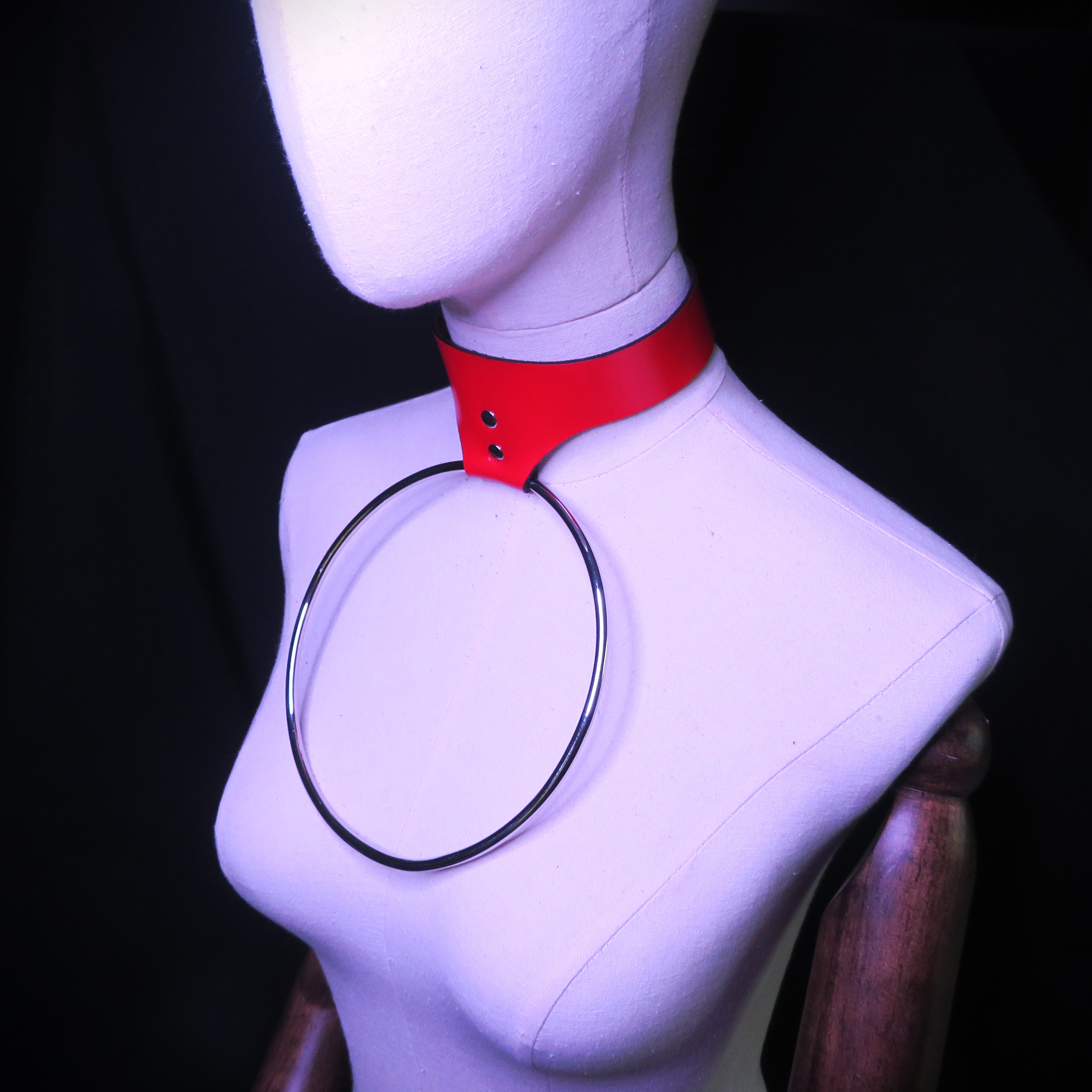 Handmade Red Leather BDSM Collar with Stainless Steel Ring
