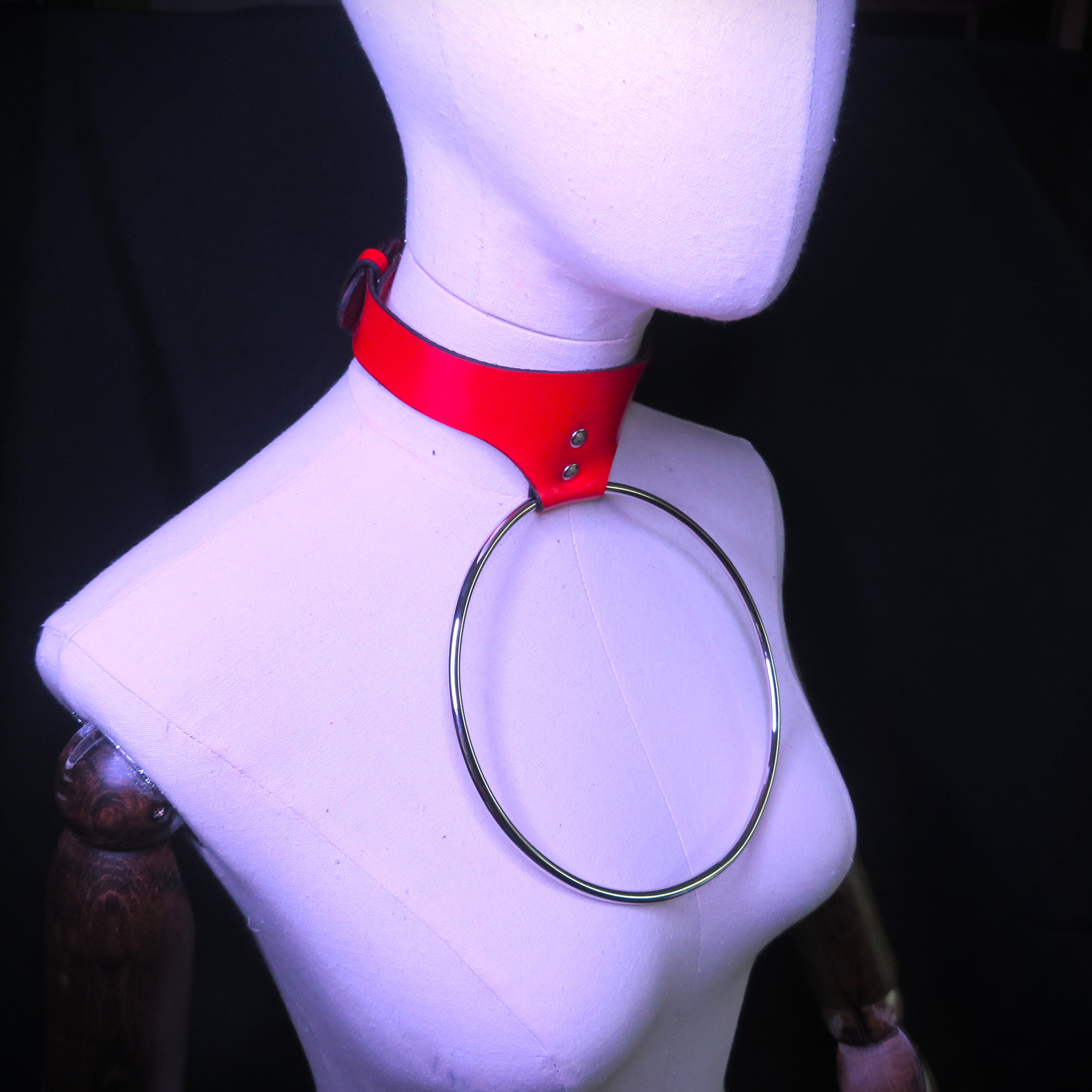 Handmade Red Leather BDSM Collar with Stainless Steel Ring