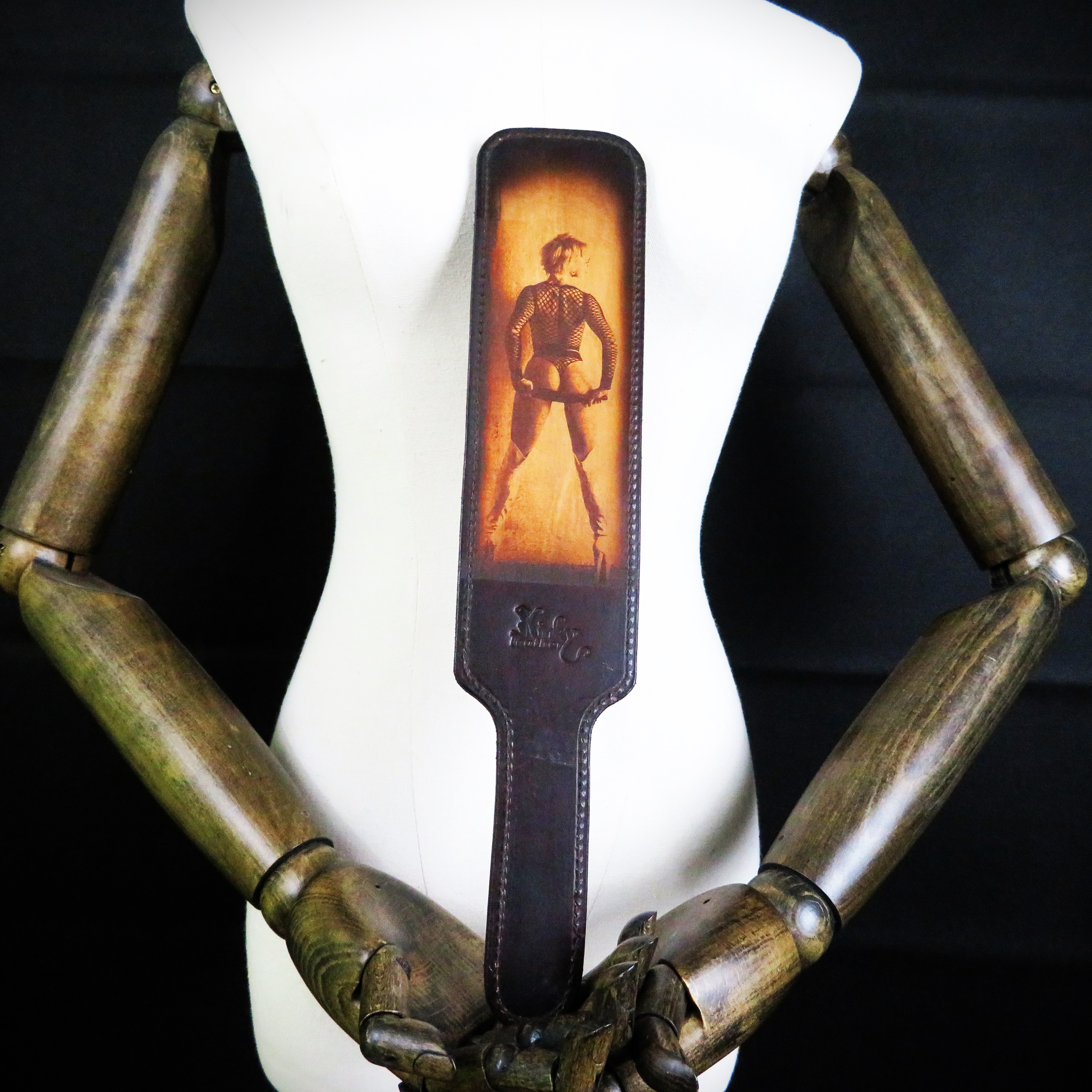 Handmade Brown Leather Spanking Paddle – Engraved Woman Silhouette
