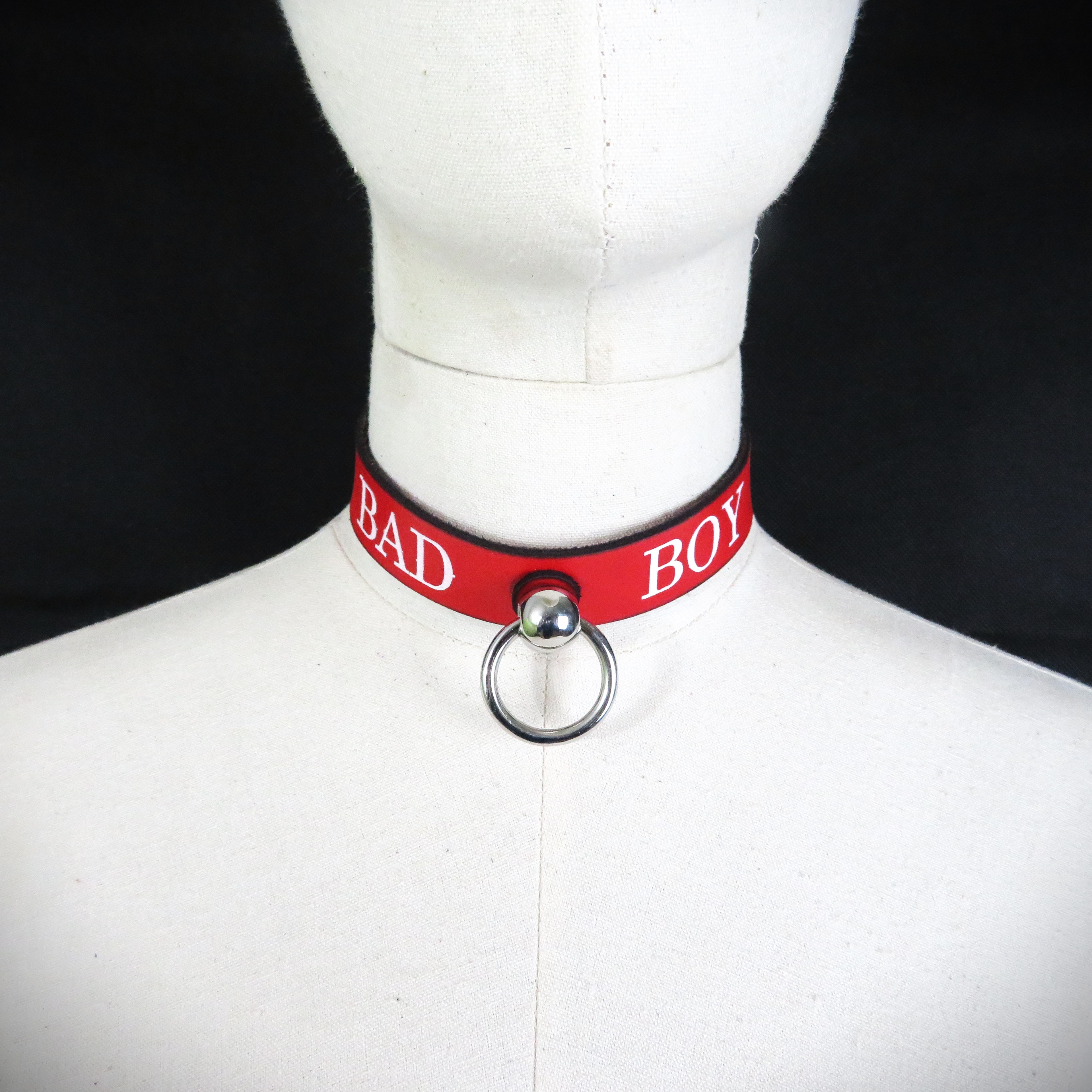 Red Leather BDSM Collar – "BAD BOY" Kinky Neck Restraint