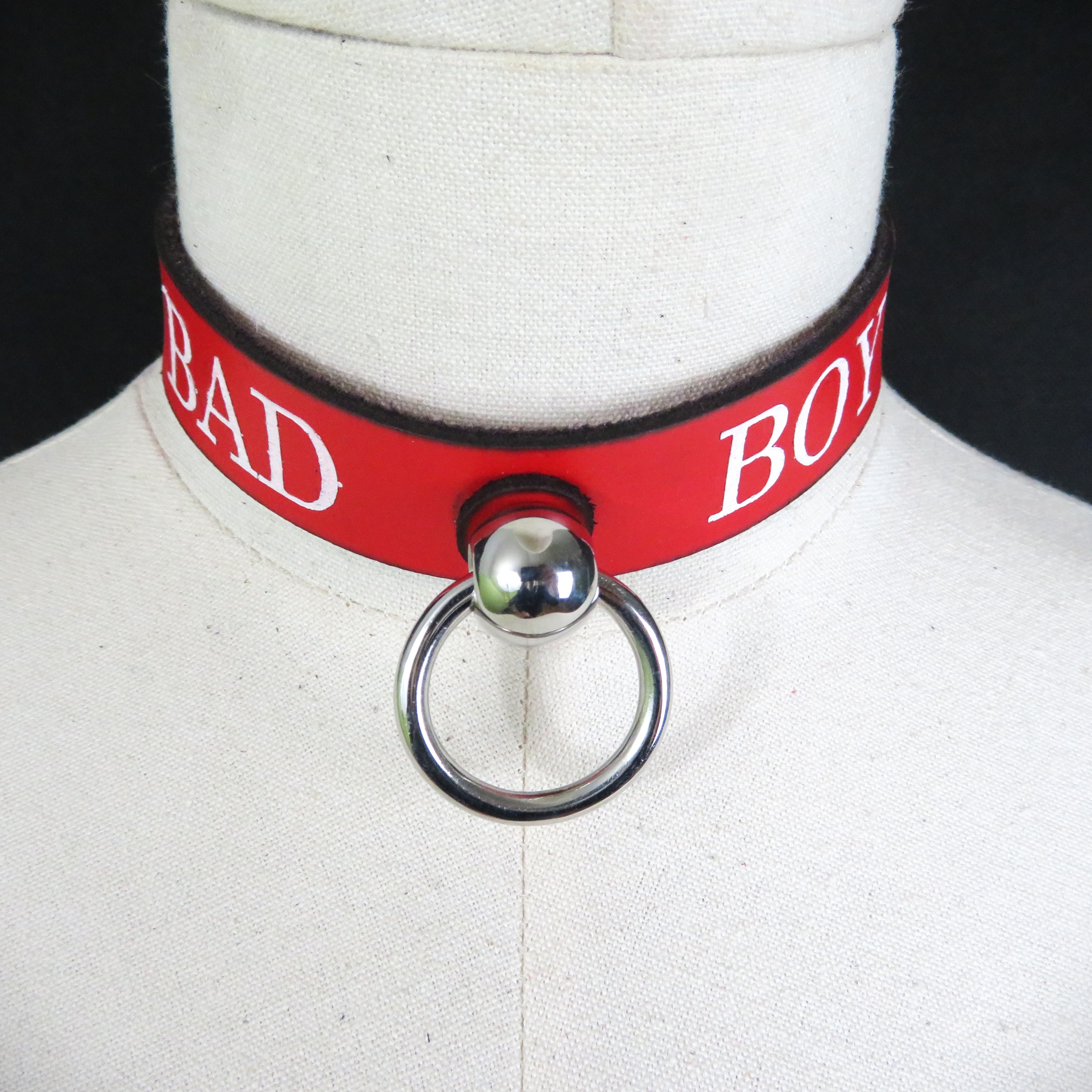 Red Leather BDSM Collar – "BAD BOY" Kinky Neck Restraint