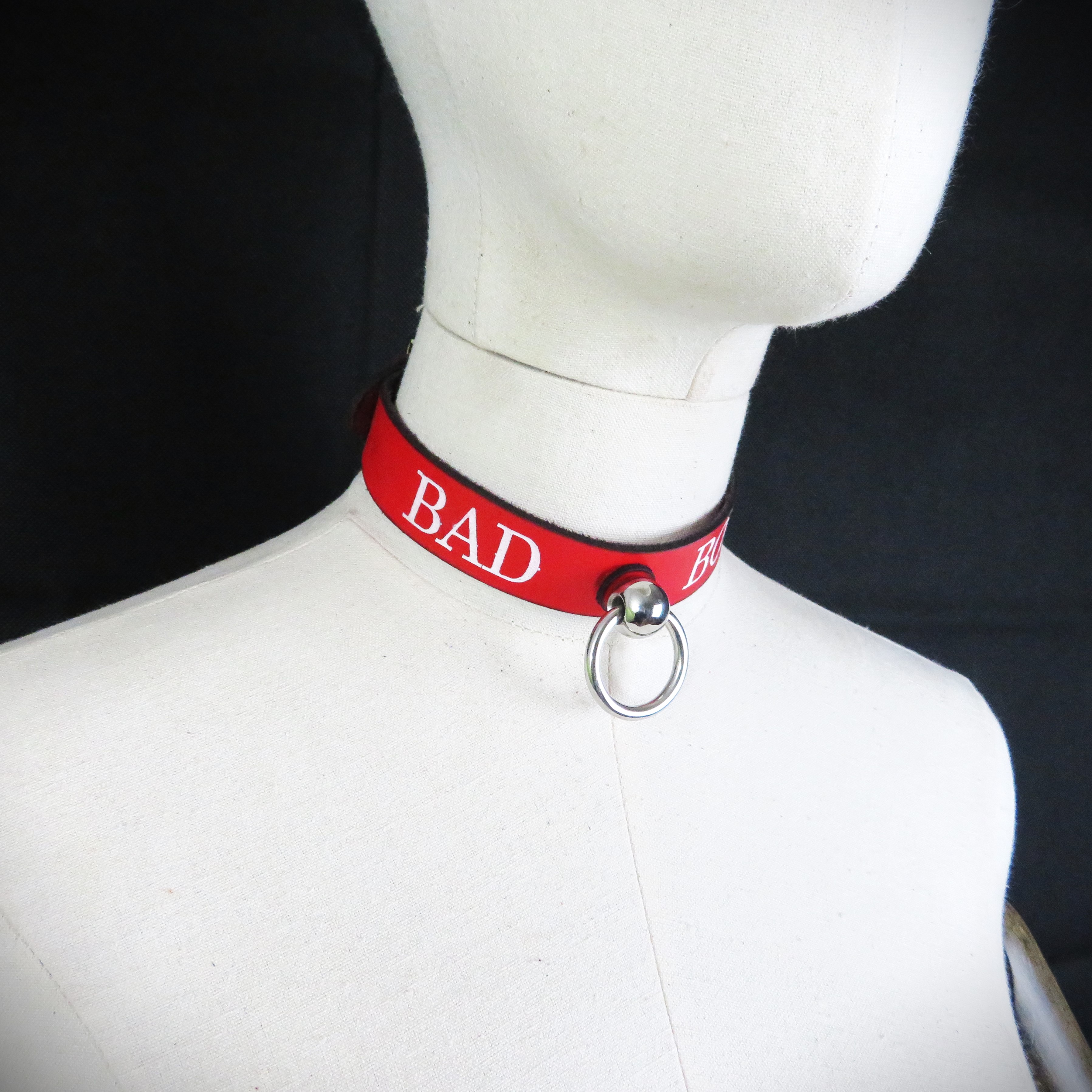 Red Leather BDSM Collar – "BAD BOY" Kinky Neck Restraint