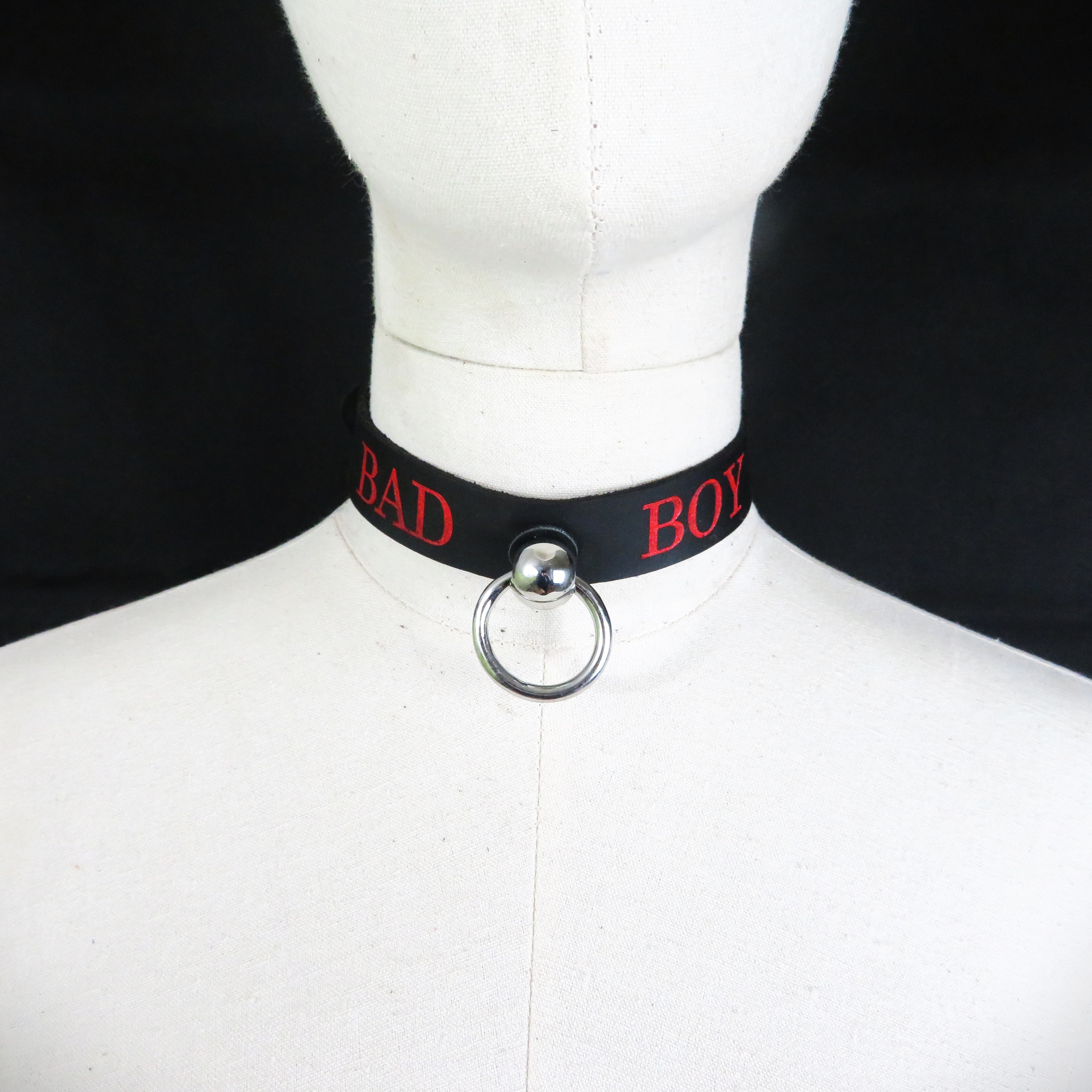 Black Leather BDSM Collar – "BAD BOY" Bondage Neck Restraint