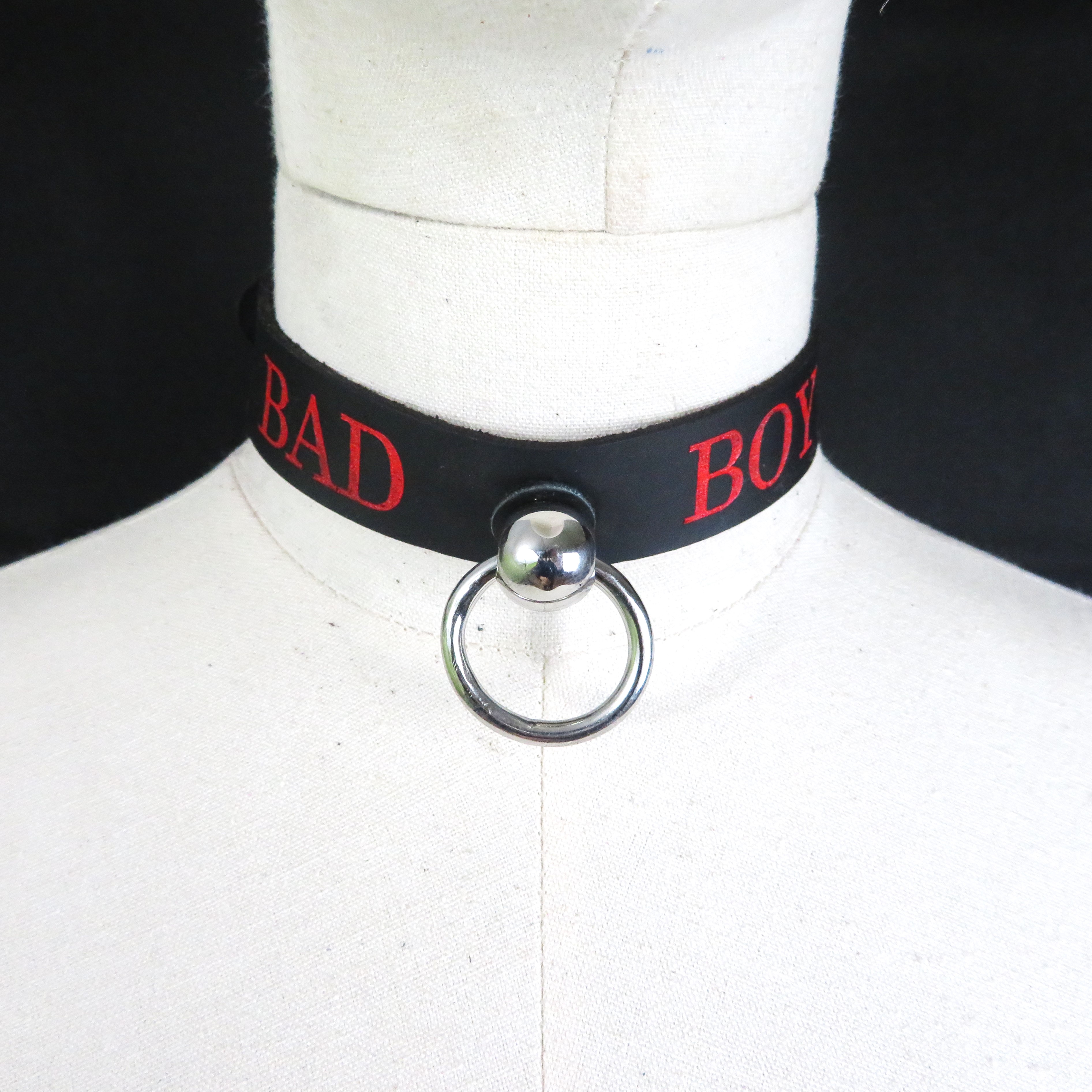 Black Leather BDSM Collar – "BAD BOY" Bondage Neck Restraint