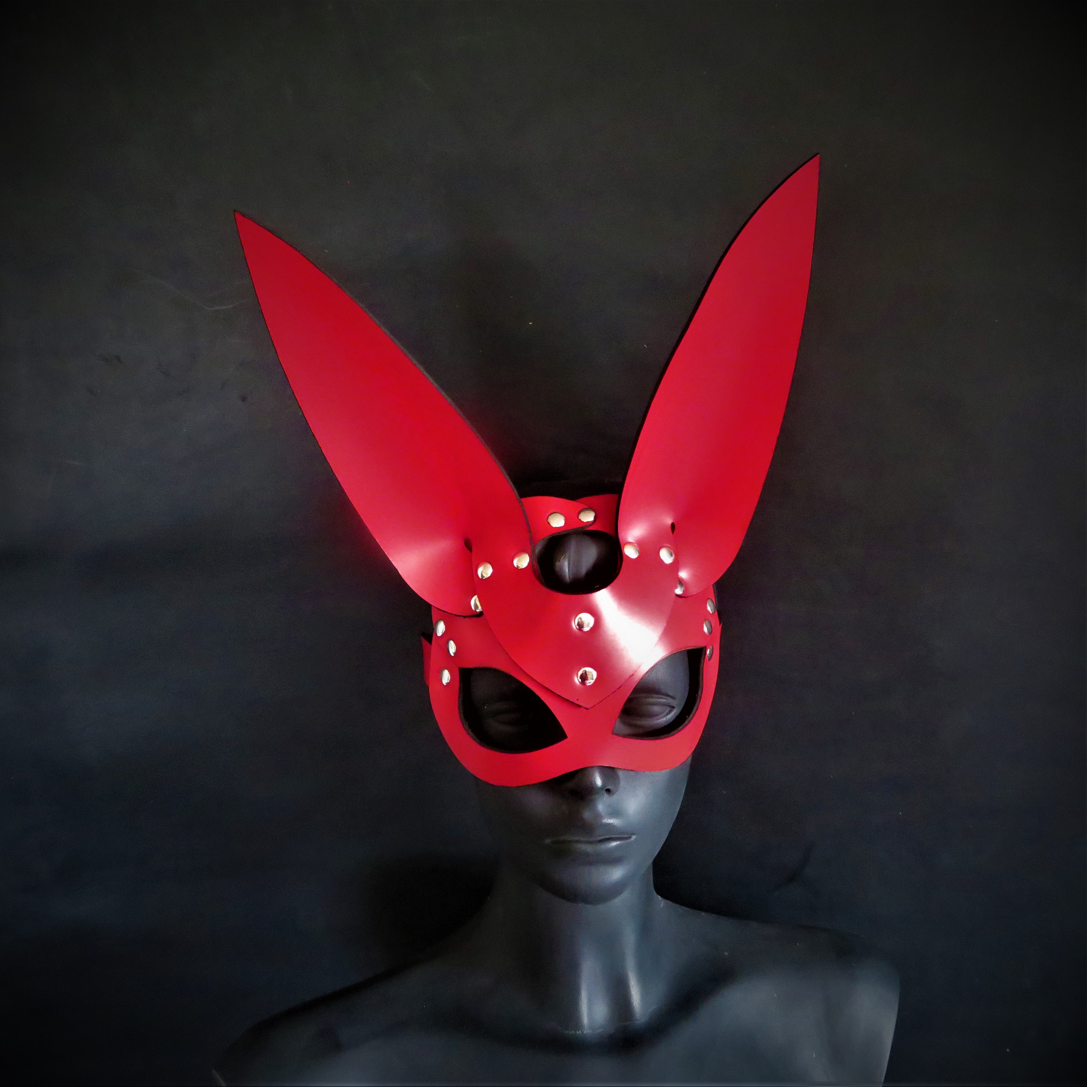Handmade Red Leather Rabbit Mask – Elegant & Mysterious Masquerade Accessory