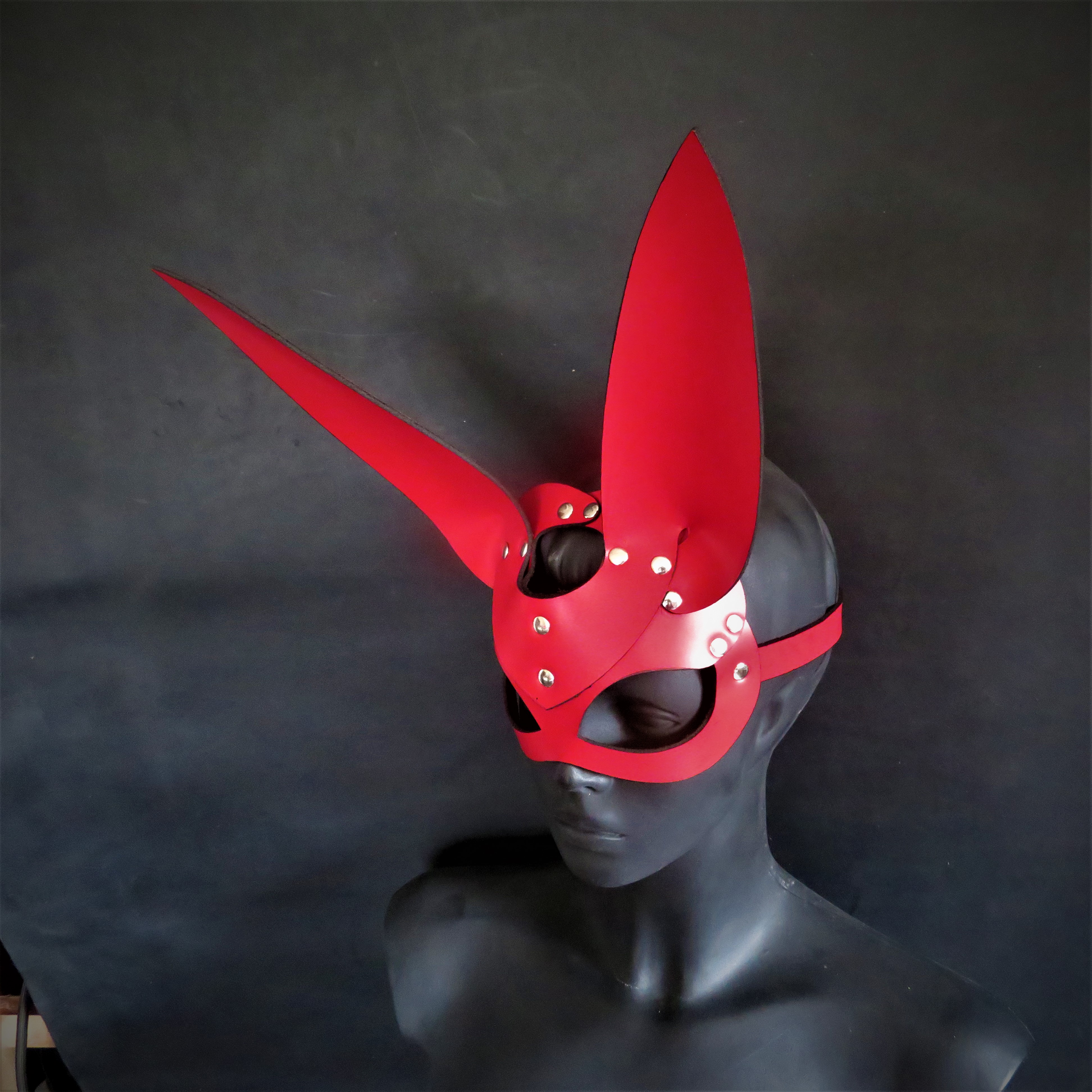 Handmade Red Leather Rabbit Mask – Elegant & Mysterious Masquerade Accessory