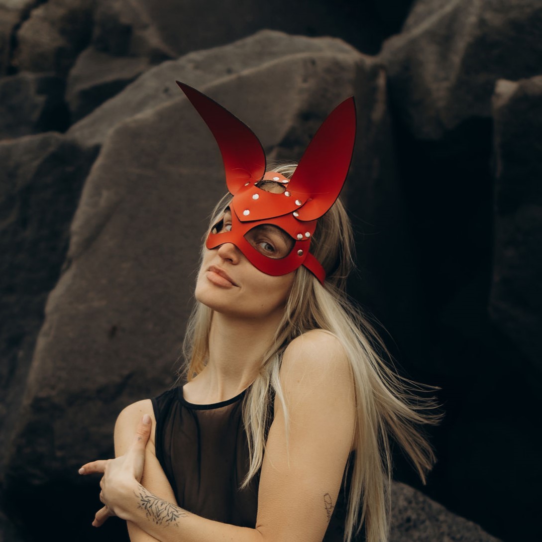 Handmade Red Leather Rabbit Mask – Elegant & Mysterious Masquerade Accessory