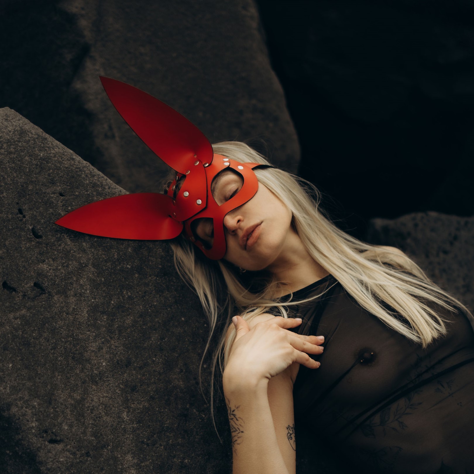 Handmade Red Leather Rabbit Mask – Elegant & Mysterious Masquerade Accessory