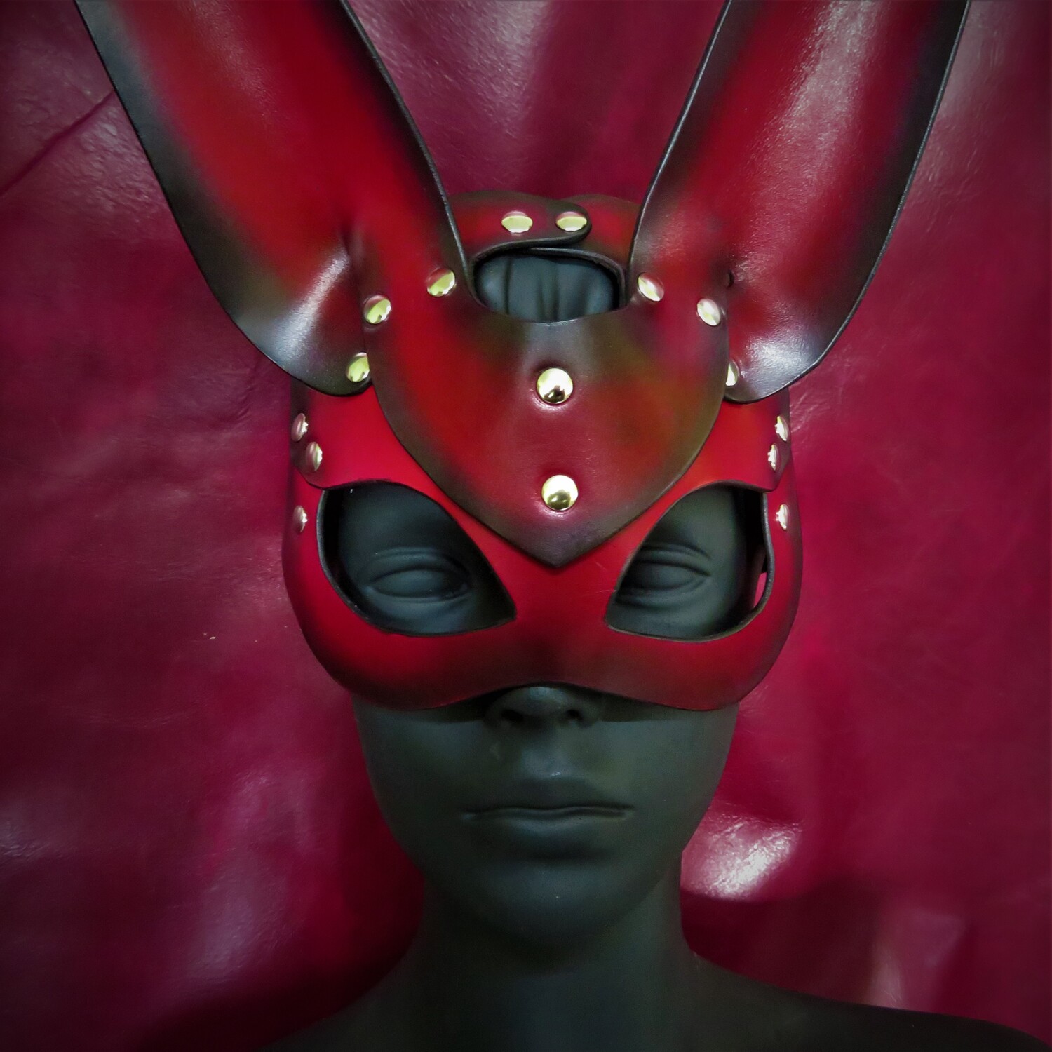 Handcrafted Red & Black Leather Rabbit Mask – Mysterious & Bold