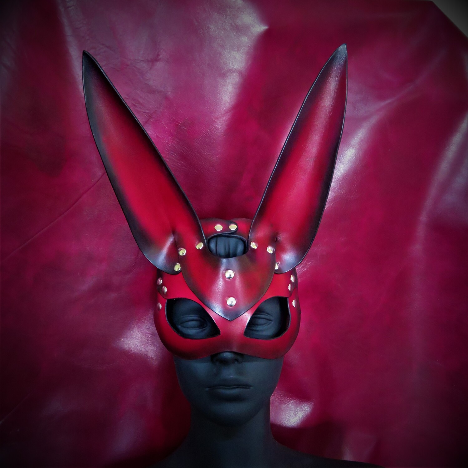 Handcrafted Red & Black Leather Rabbit Mask – Mysterious & Bold