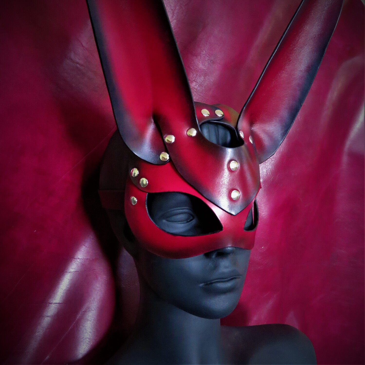 Handcrafted Red & Black Leather Rabbit Mask – Mysterious & Bold