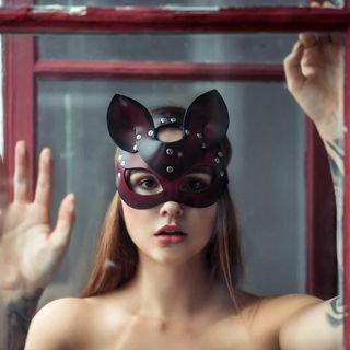 Handcrafted Red & Black Leather Cat Mask – Mysterious & Seductive