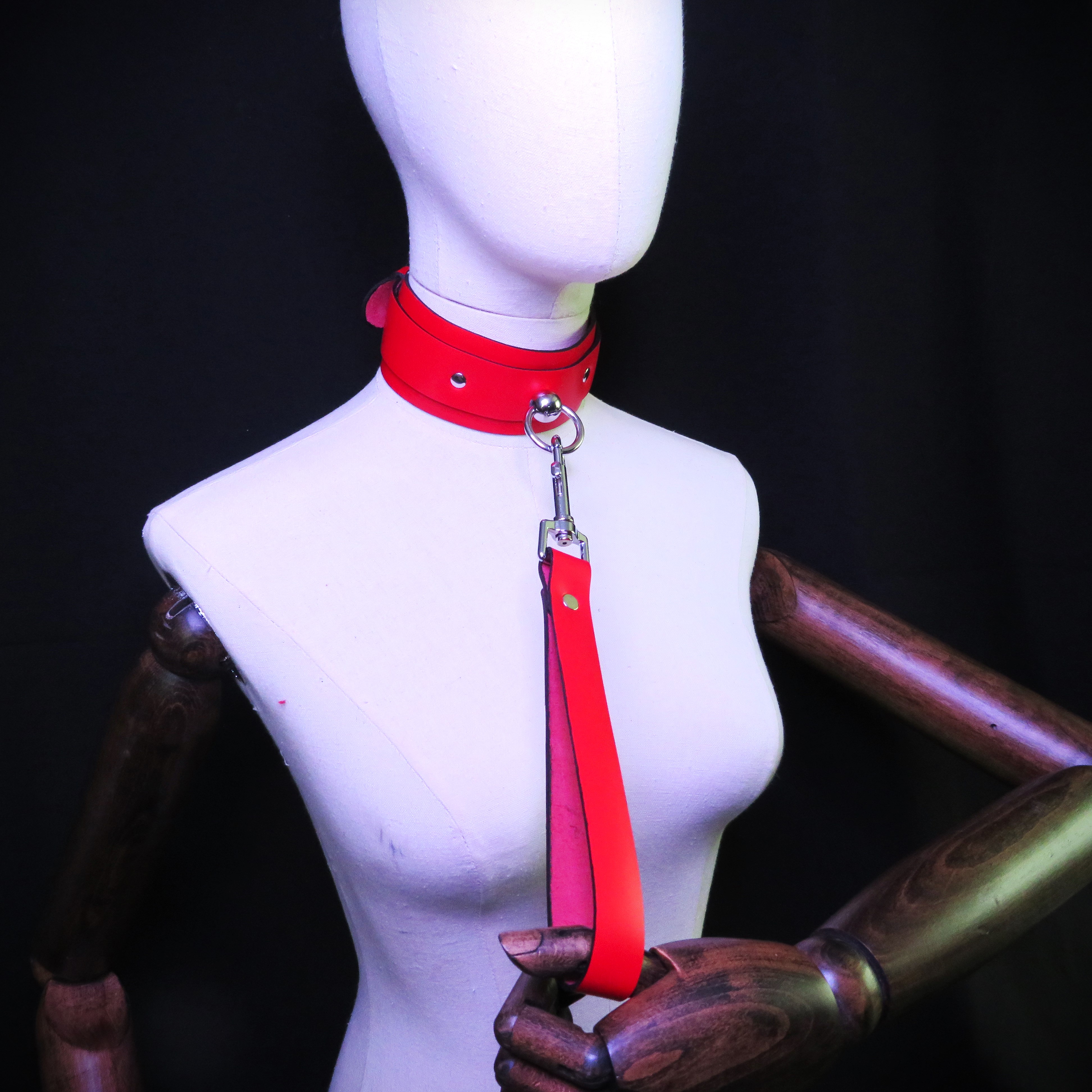 Bold Red Leather Collar with Stainless Steel Ring & Matching Leashes