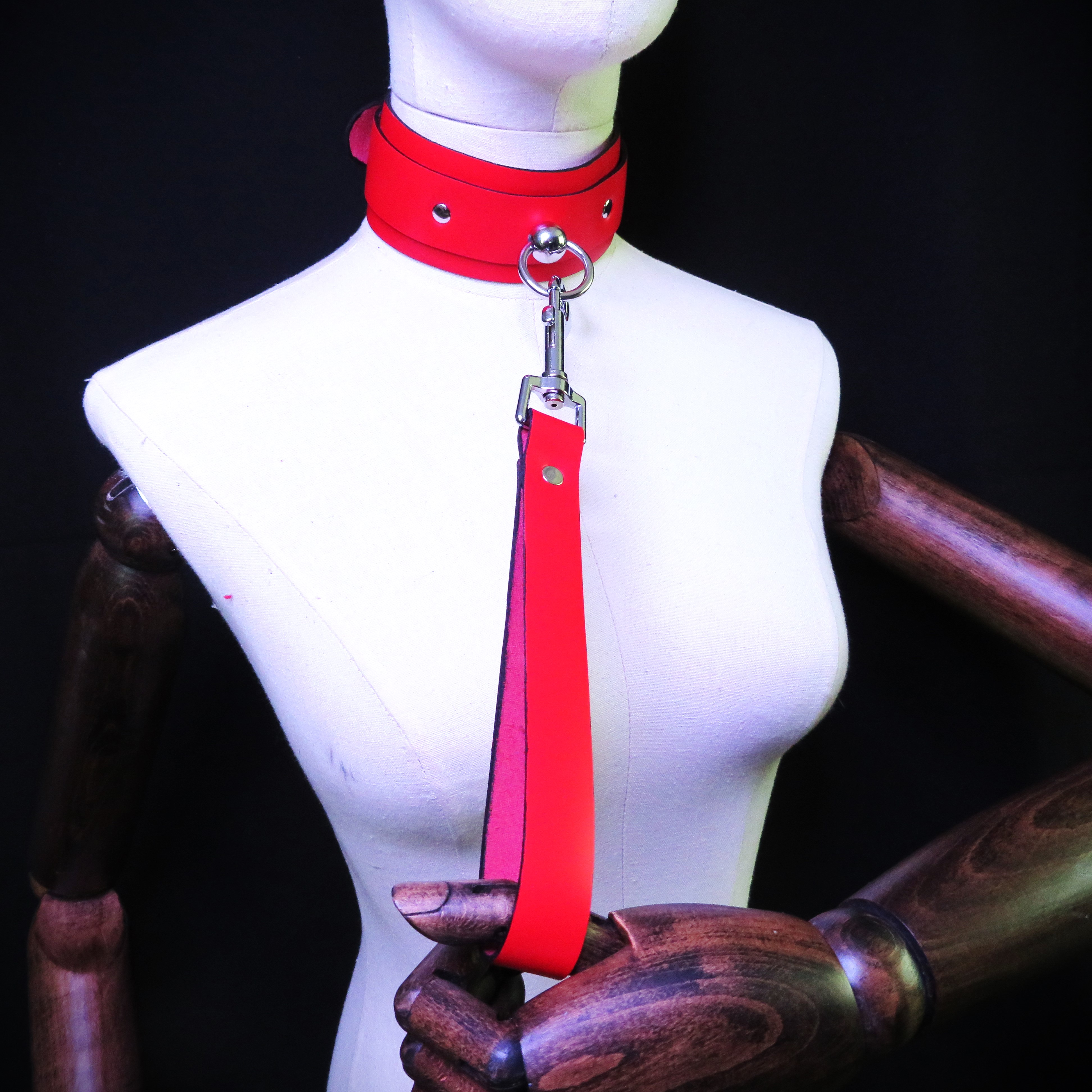 Bold Red Leather Collar with Stainless Steel Ring & Matching Leashes