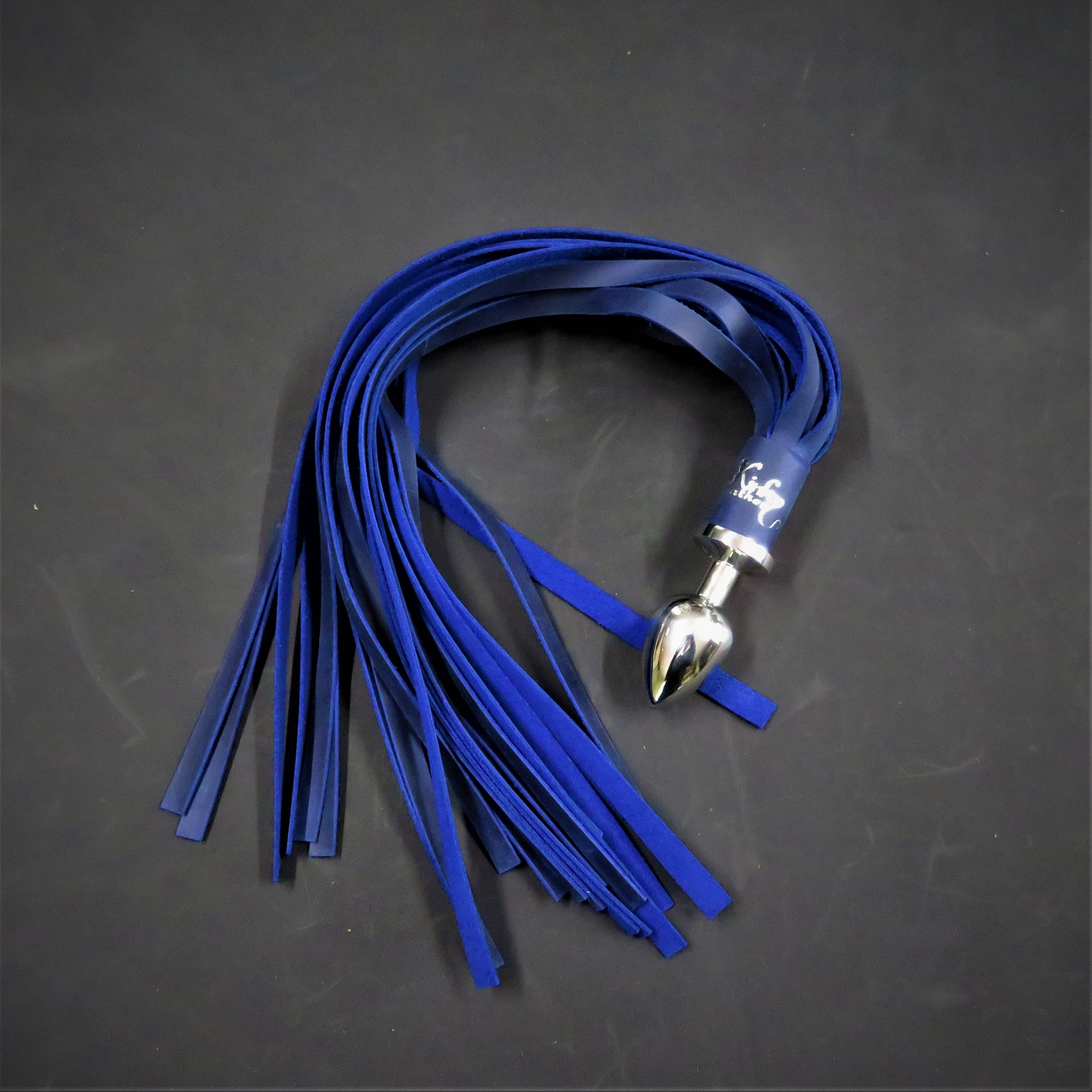 Blue Leather Flogger with Stainless Steel Butt Plug Handle