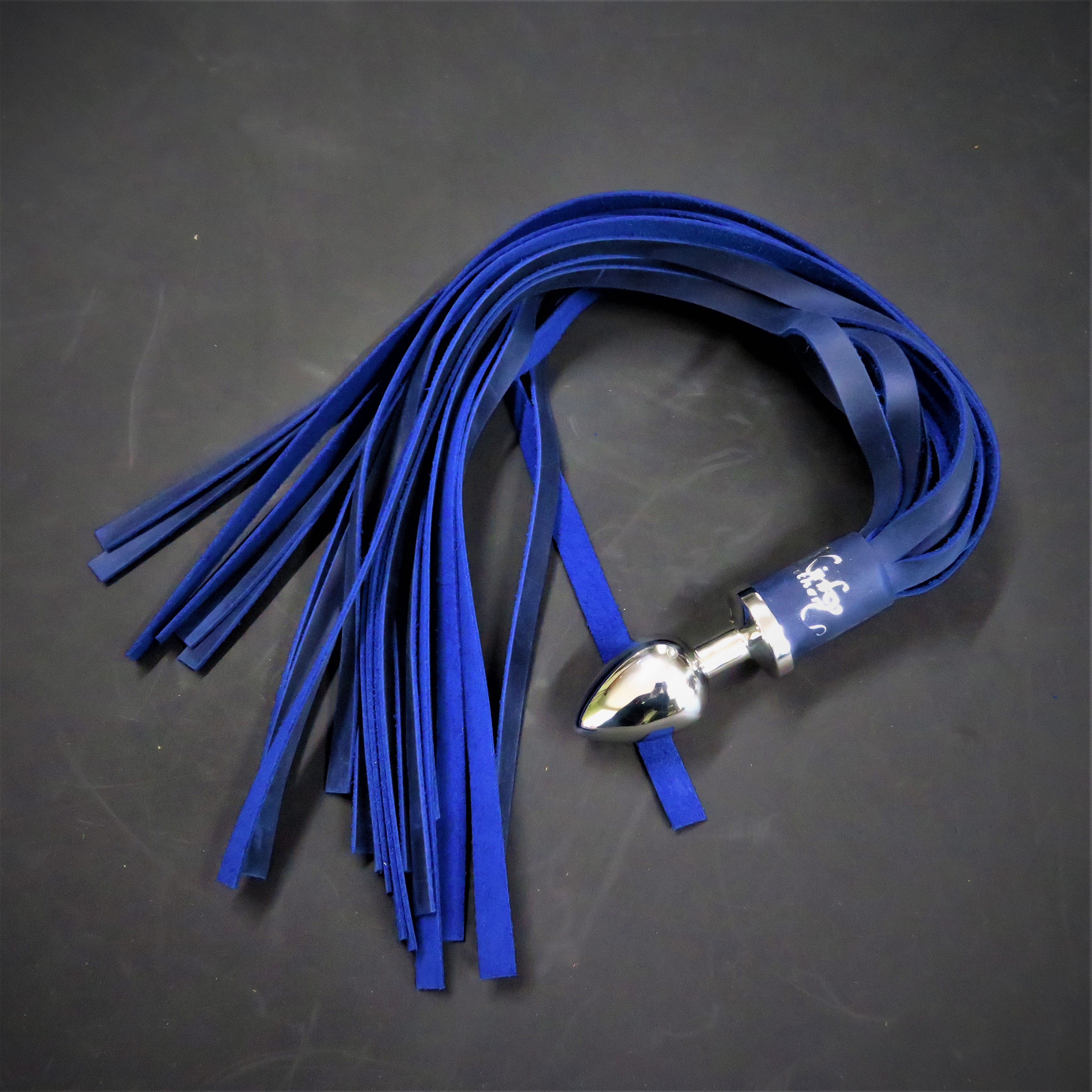 Blue Leather Flogger with Stainless Steel Butt Plug Handle