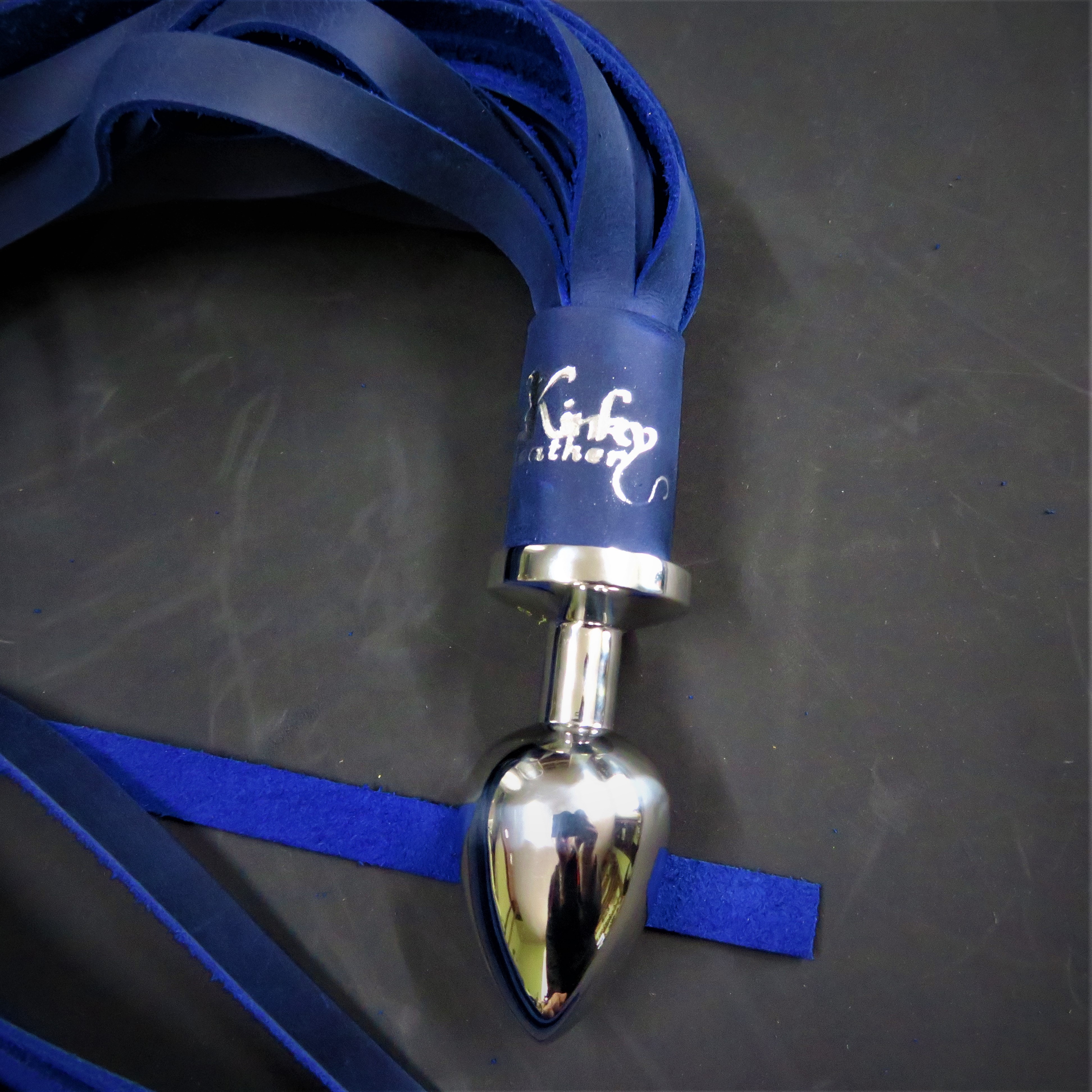 Blue Leather Flogger with Stainless Steel Butt Plug Handle