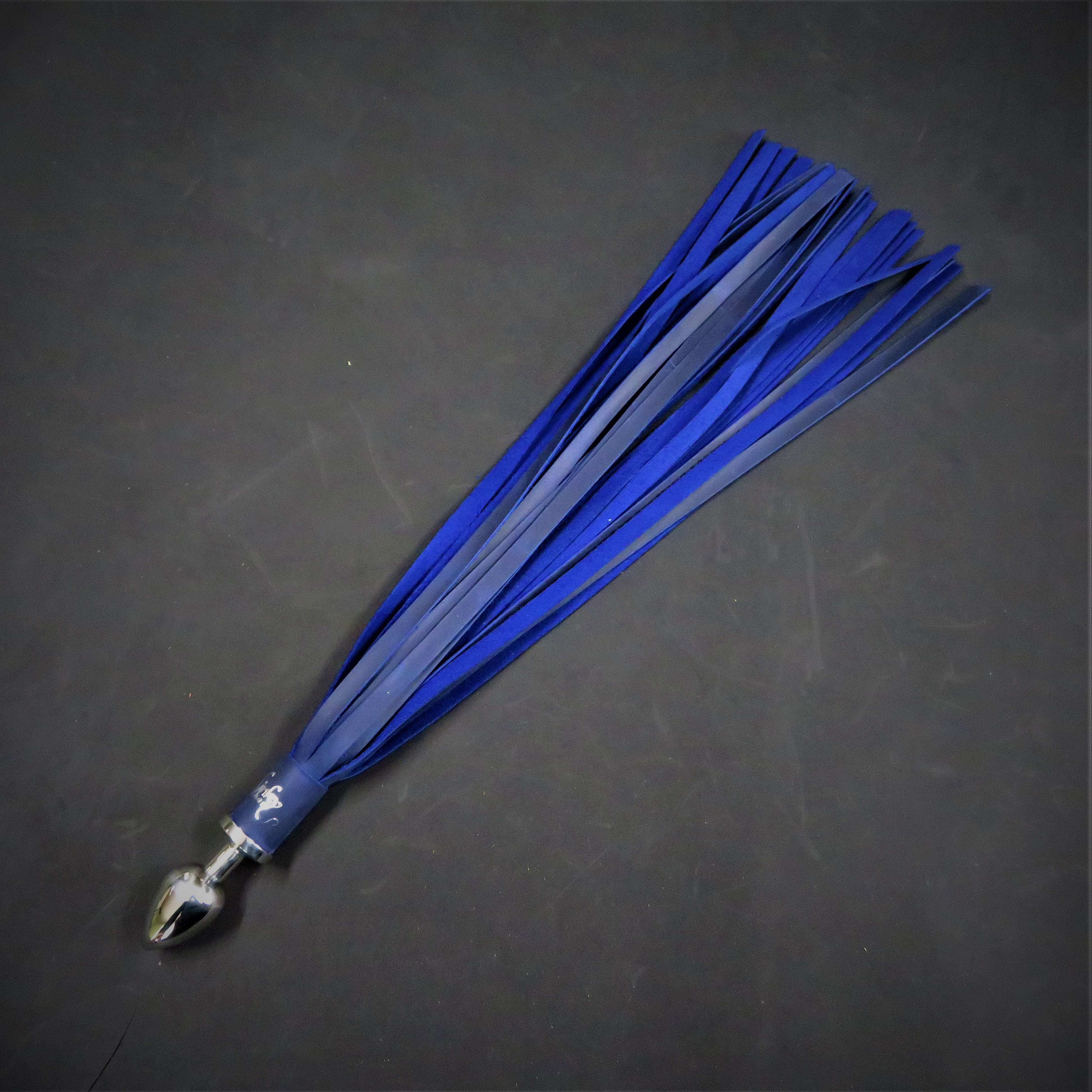 Blue Leather Flogger with Stainless Steel Butt Plug Handle