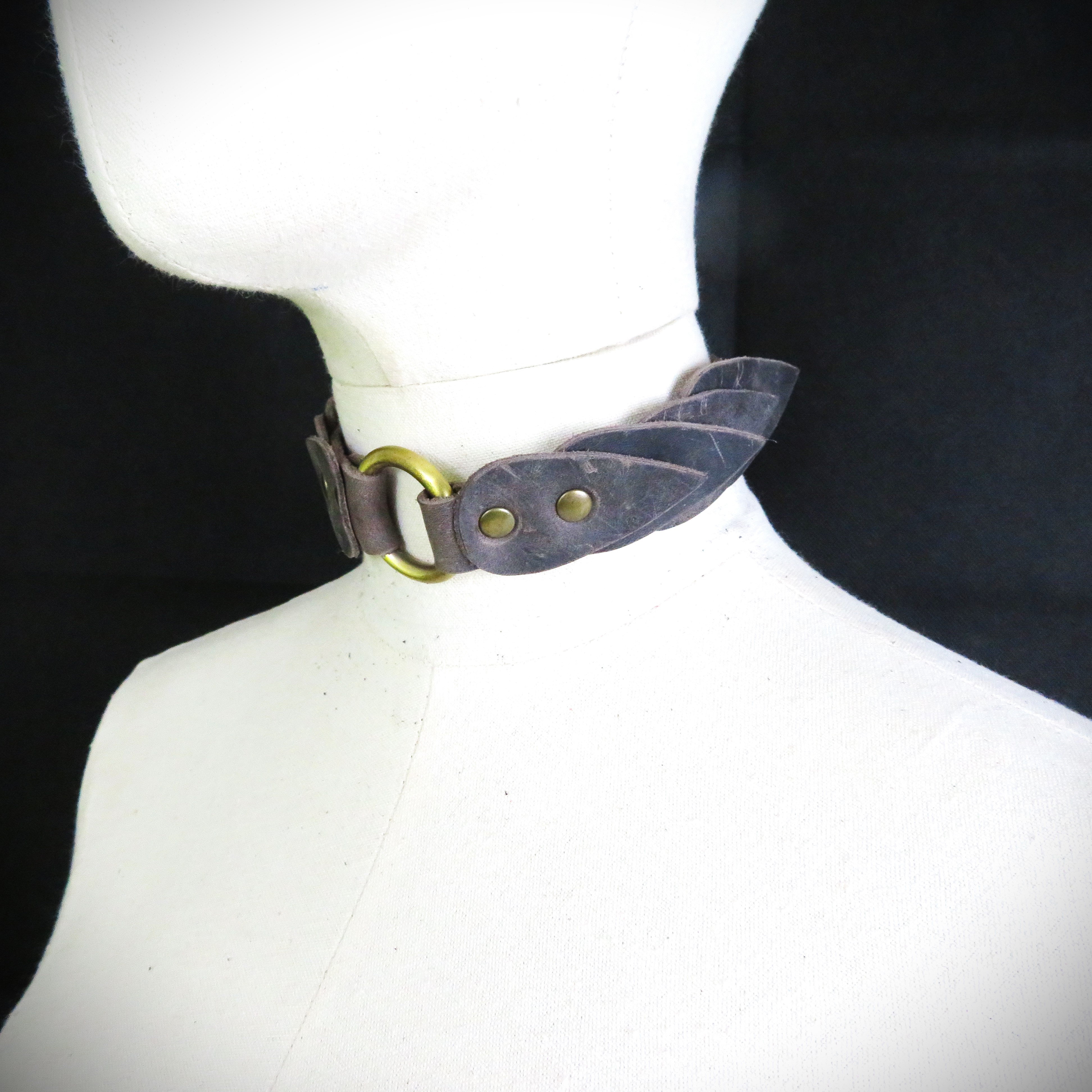 Handmade Brown Leather Collar with Scales & O-Ring