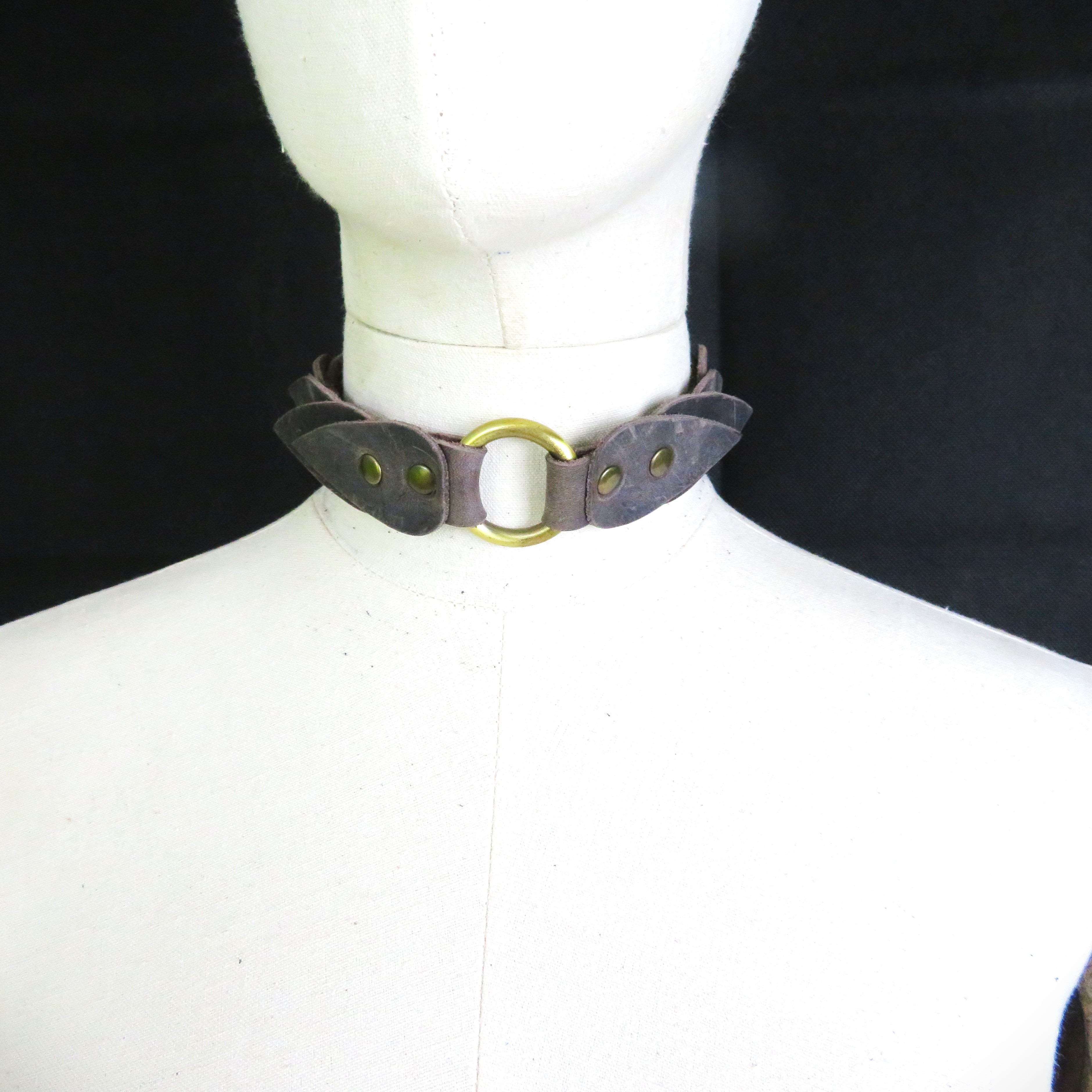 Handmade Brown Leather Collar with Scales & O-Ring