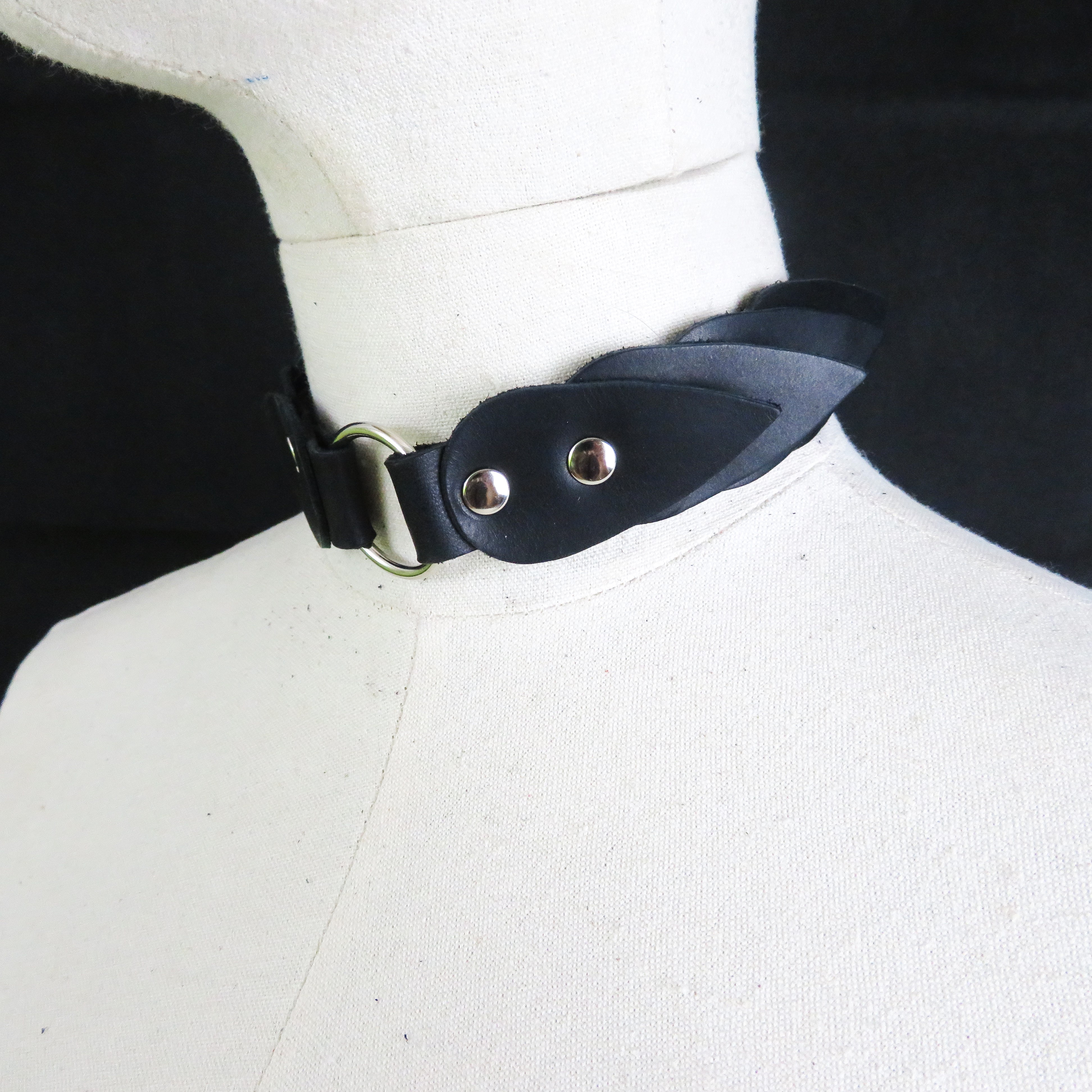 Handmade Black Leather Collar with Scales & O-Ring