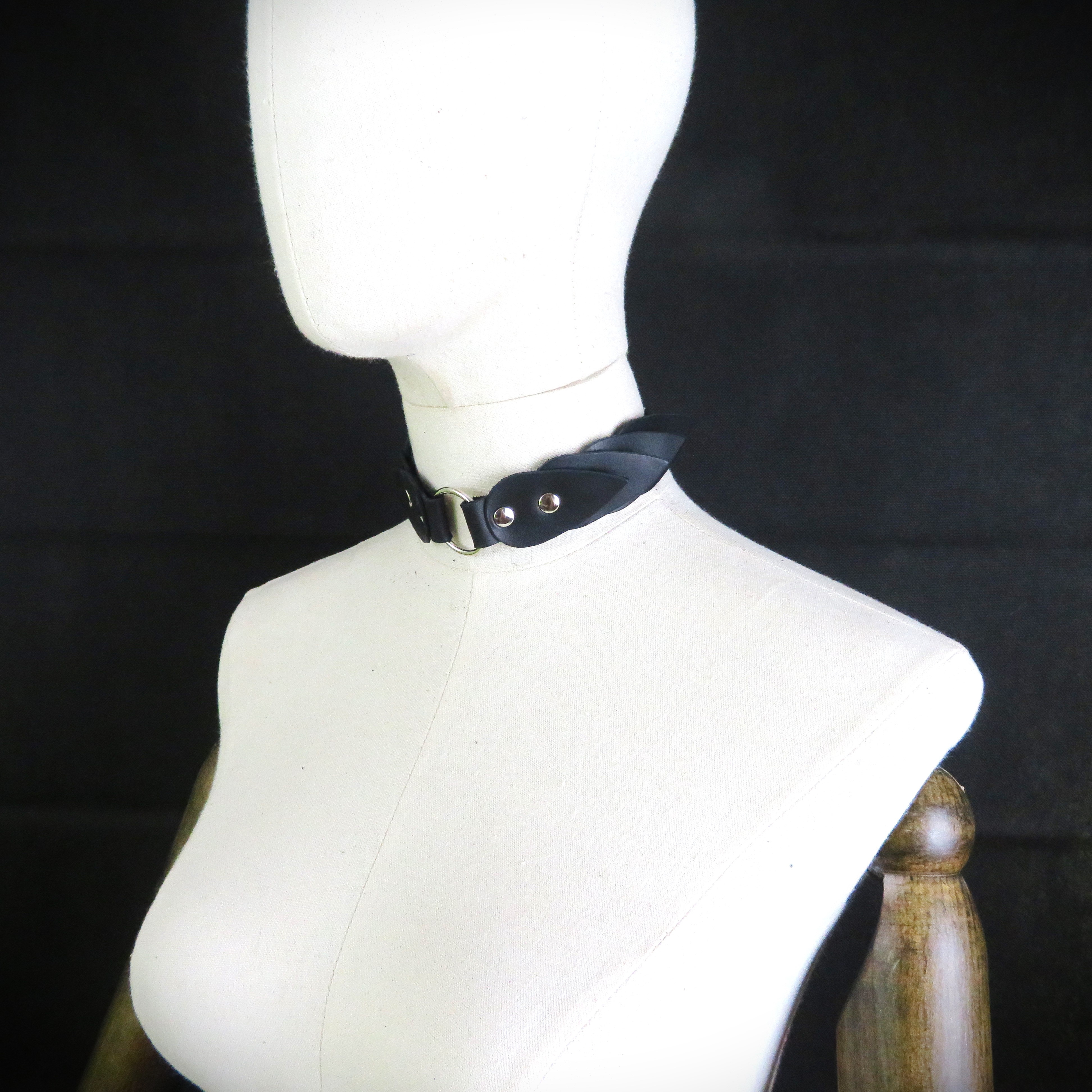 Handmade Black Leather Collar with Scales & O-Ring