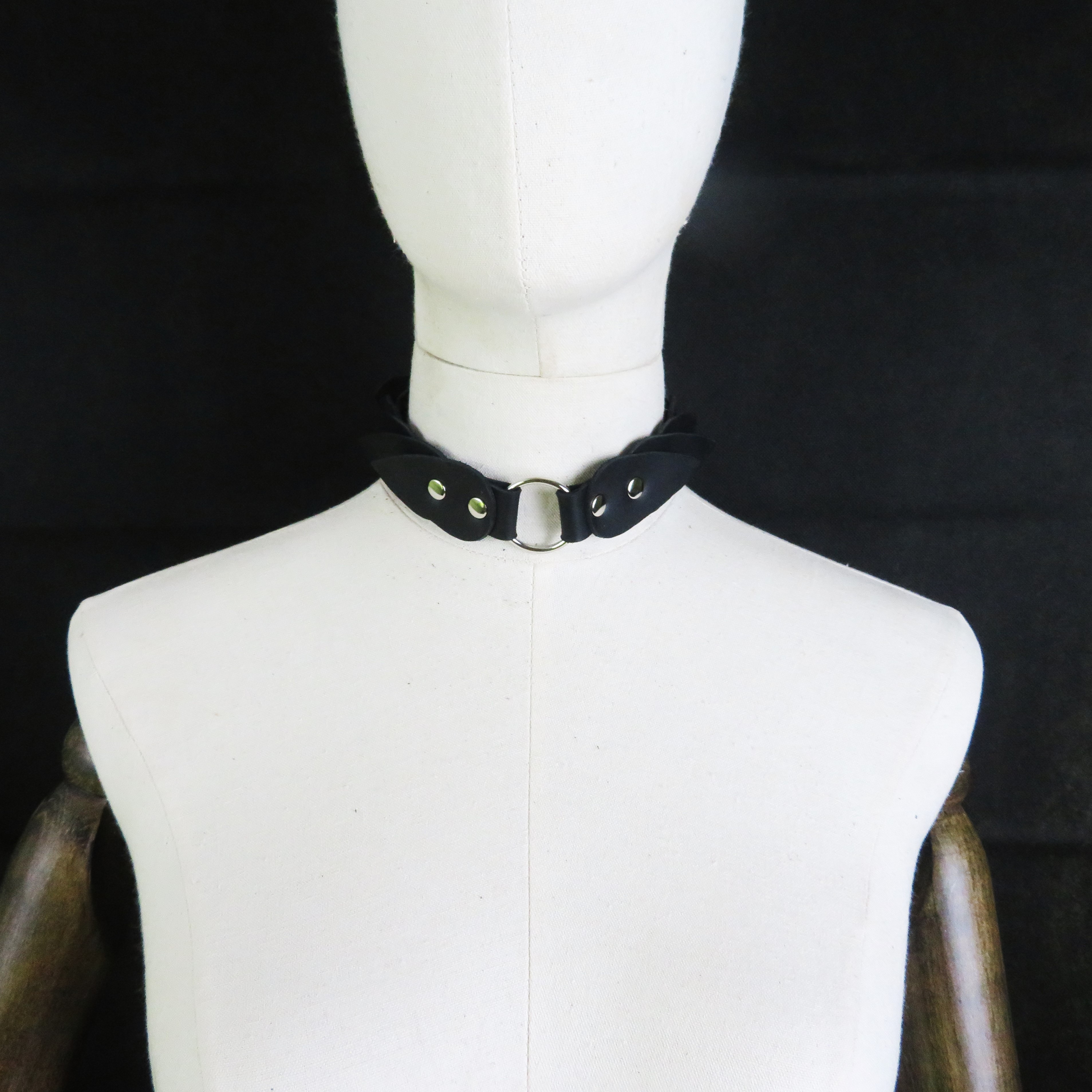 Handmade Black Leather Collar with Scales & O-Ring