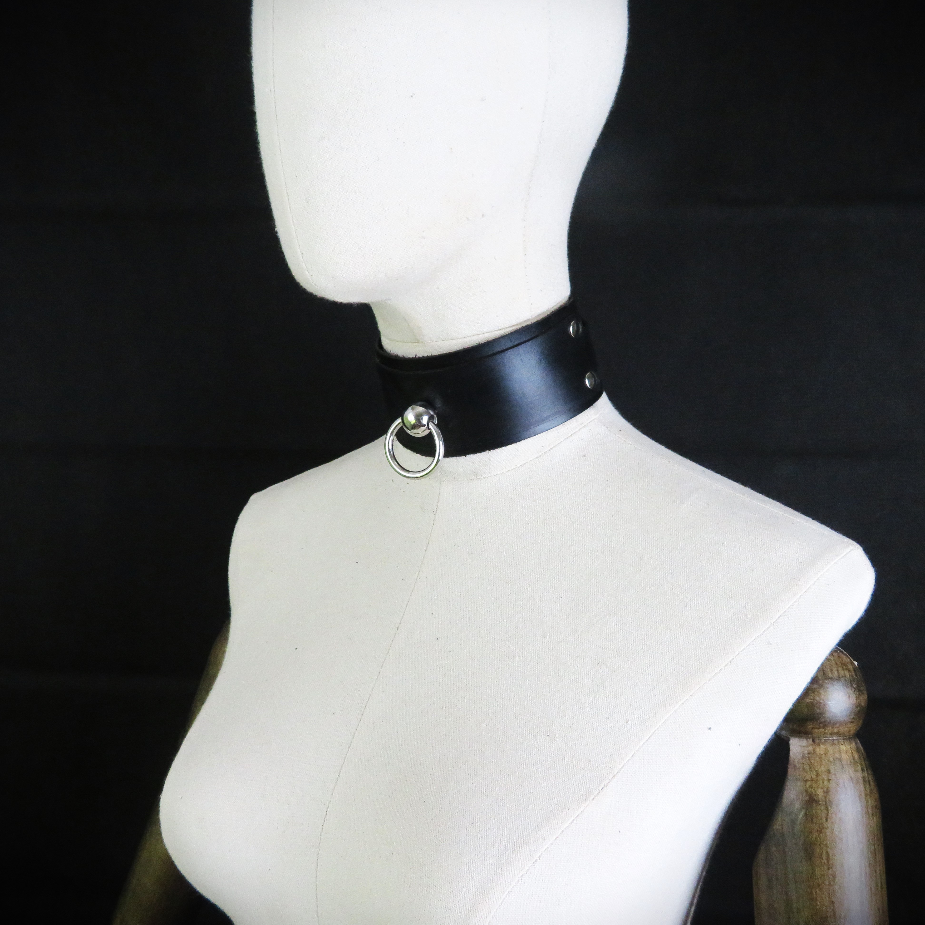 Handmade Black Leather Collar with Stainless Steel Ring