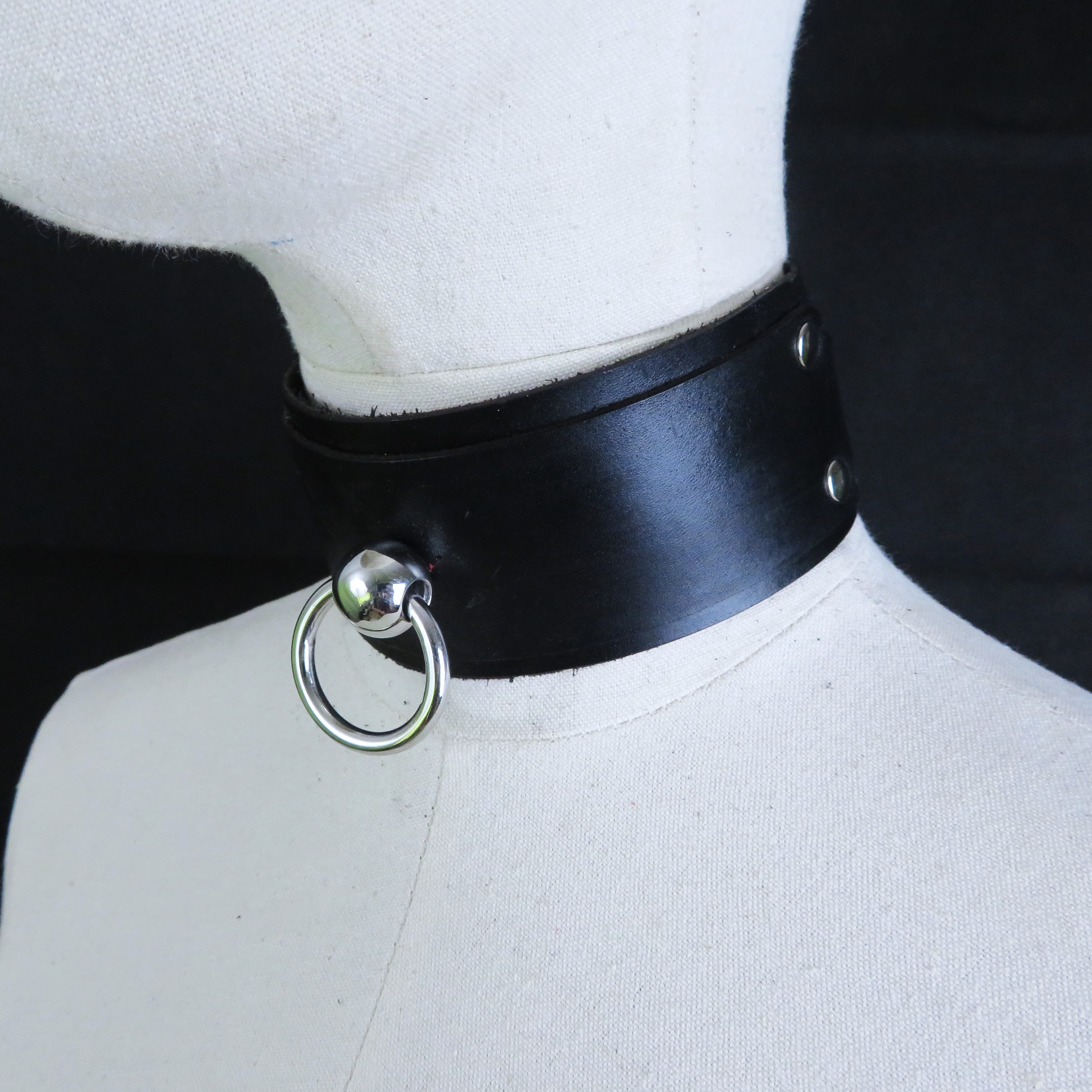 Handmade Black Leather Collar with Stainless Steel Ring