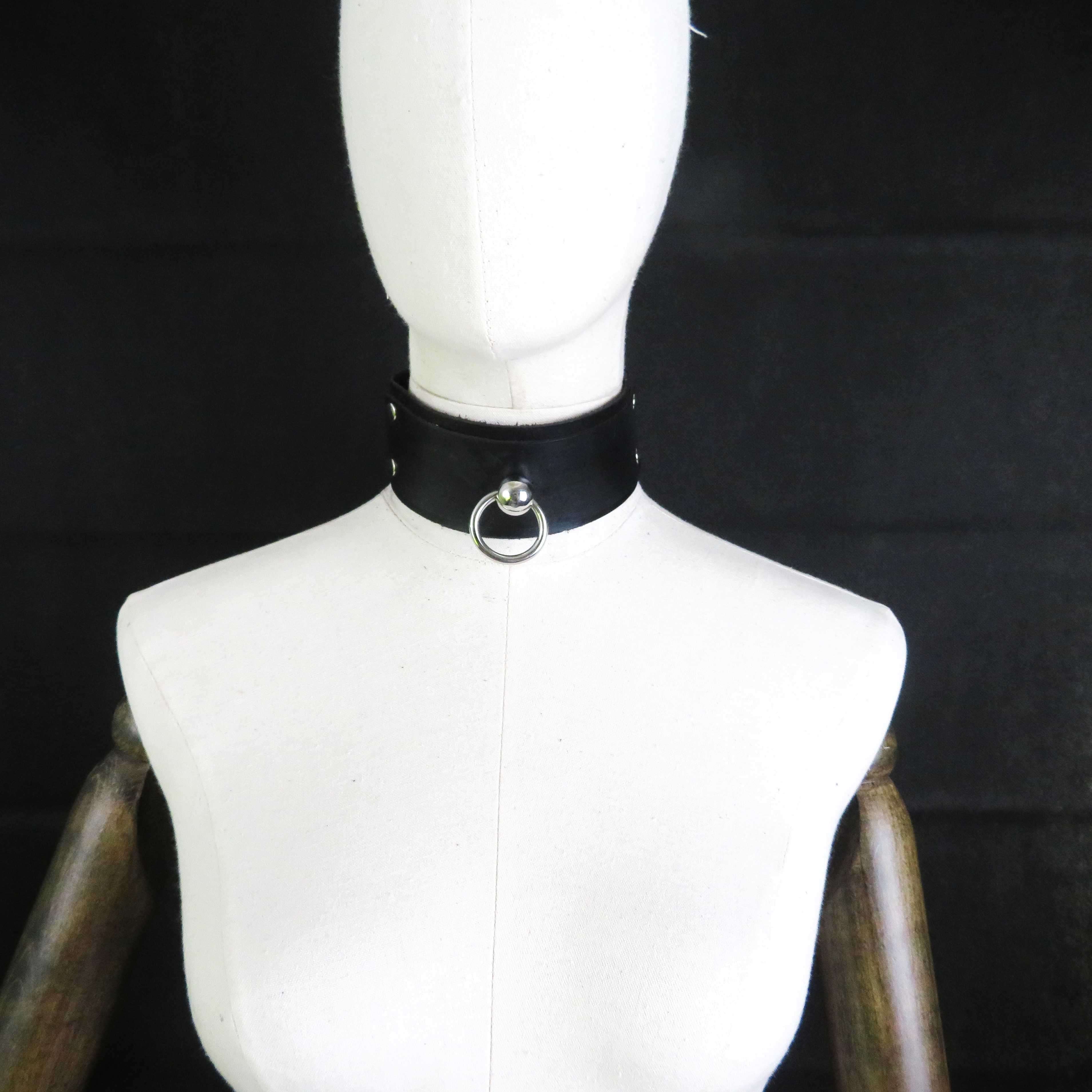 Handmade Black Leather Collar with Stainless Steel Ring