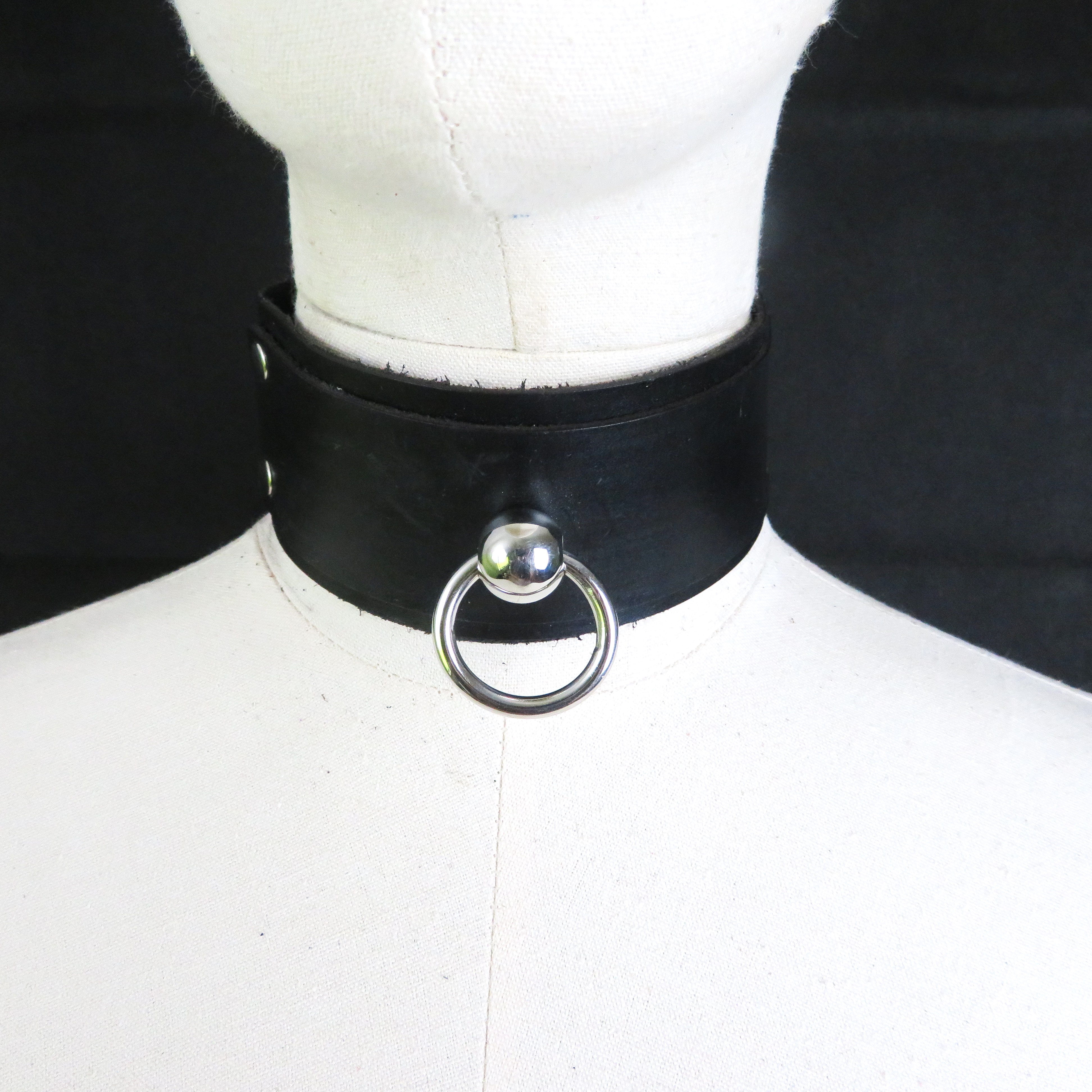 Handmade Black Leather Collar with Stainless Steel Ring