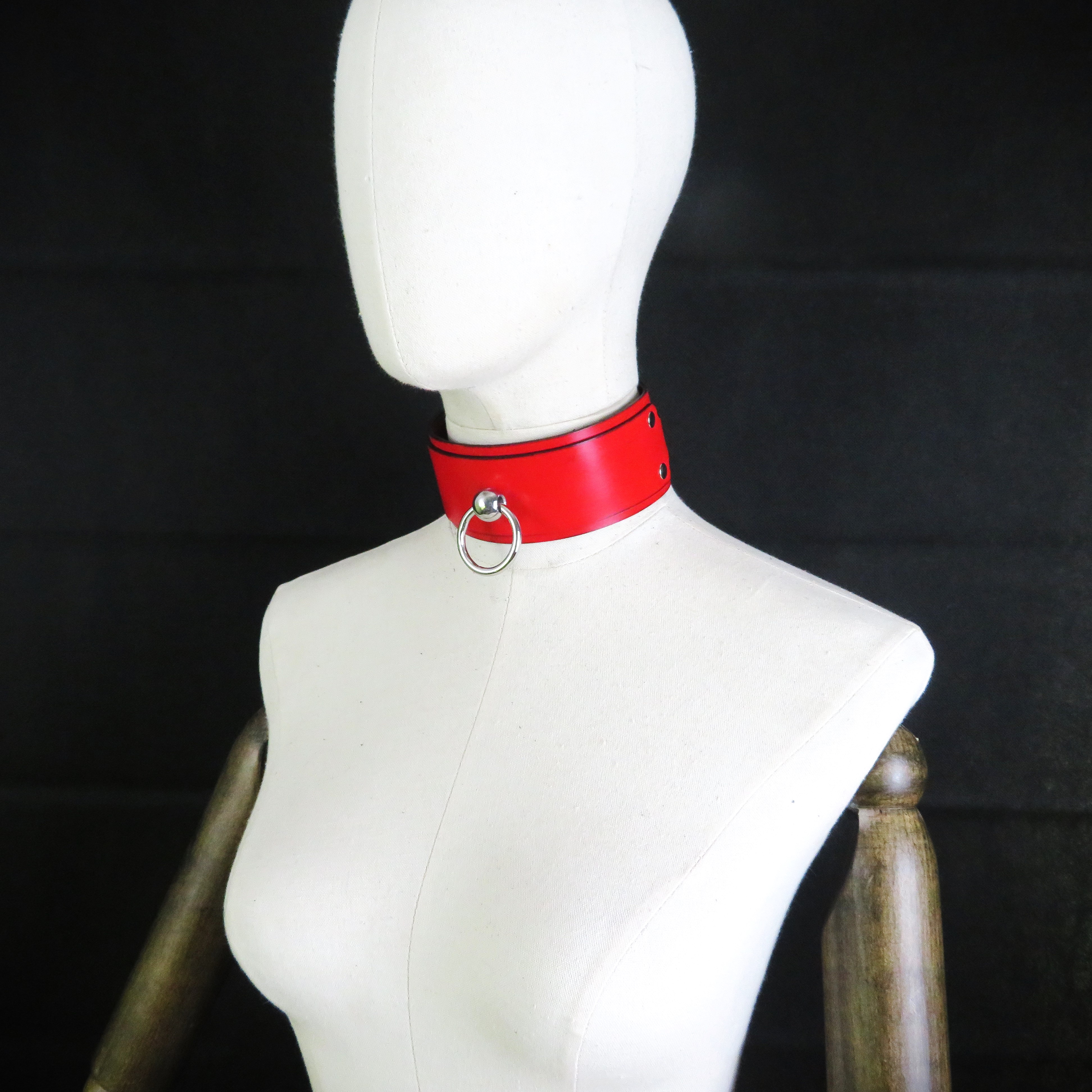 Handmade Red Leather Collar with Stainless Steel Ring