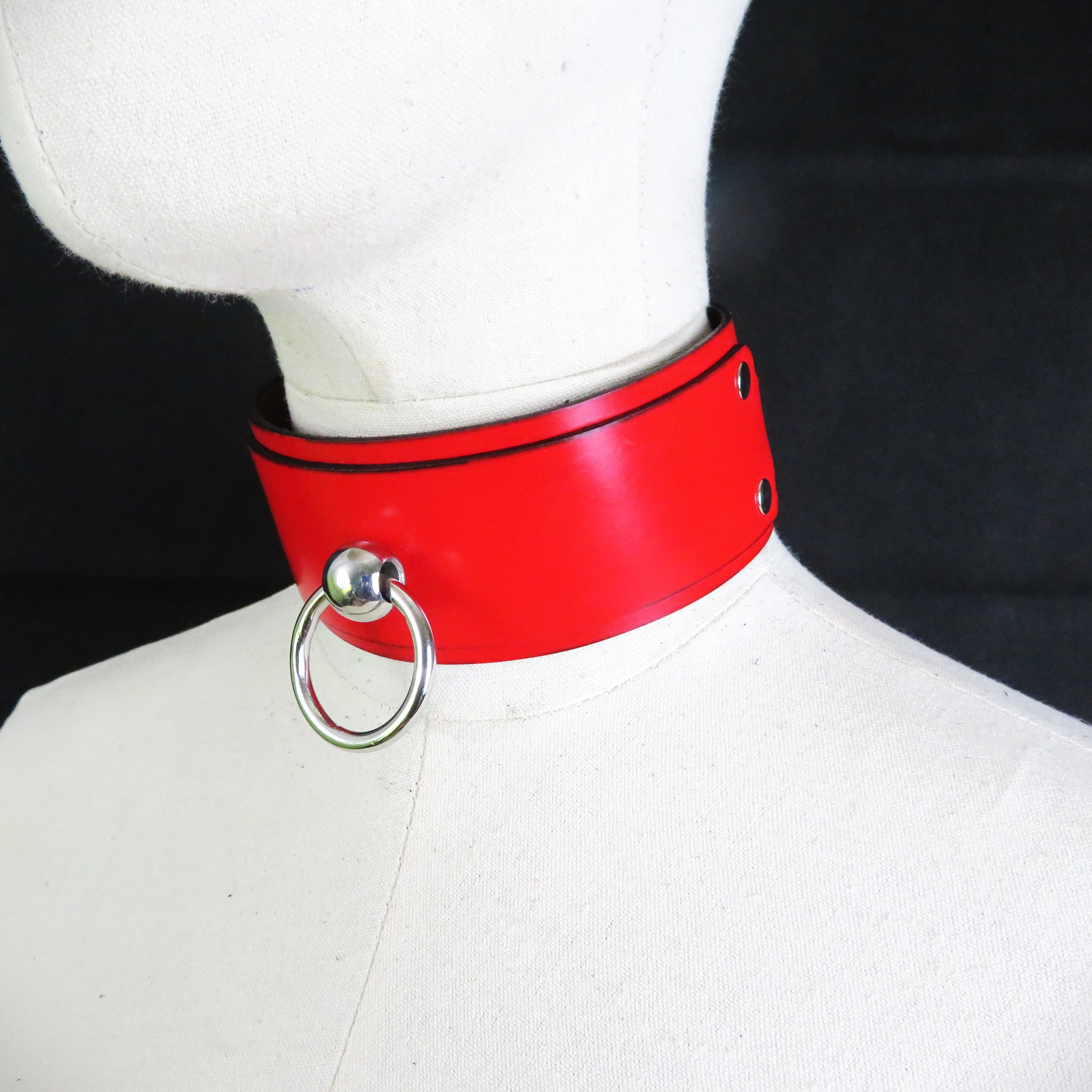 Handmade Red Leather Collar with Stainless Steel Ring