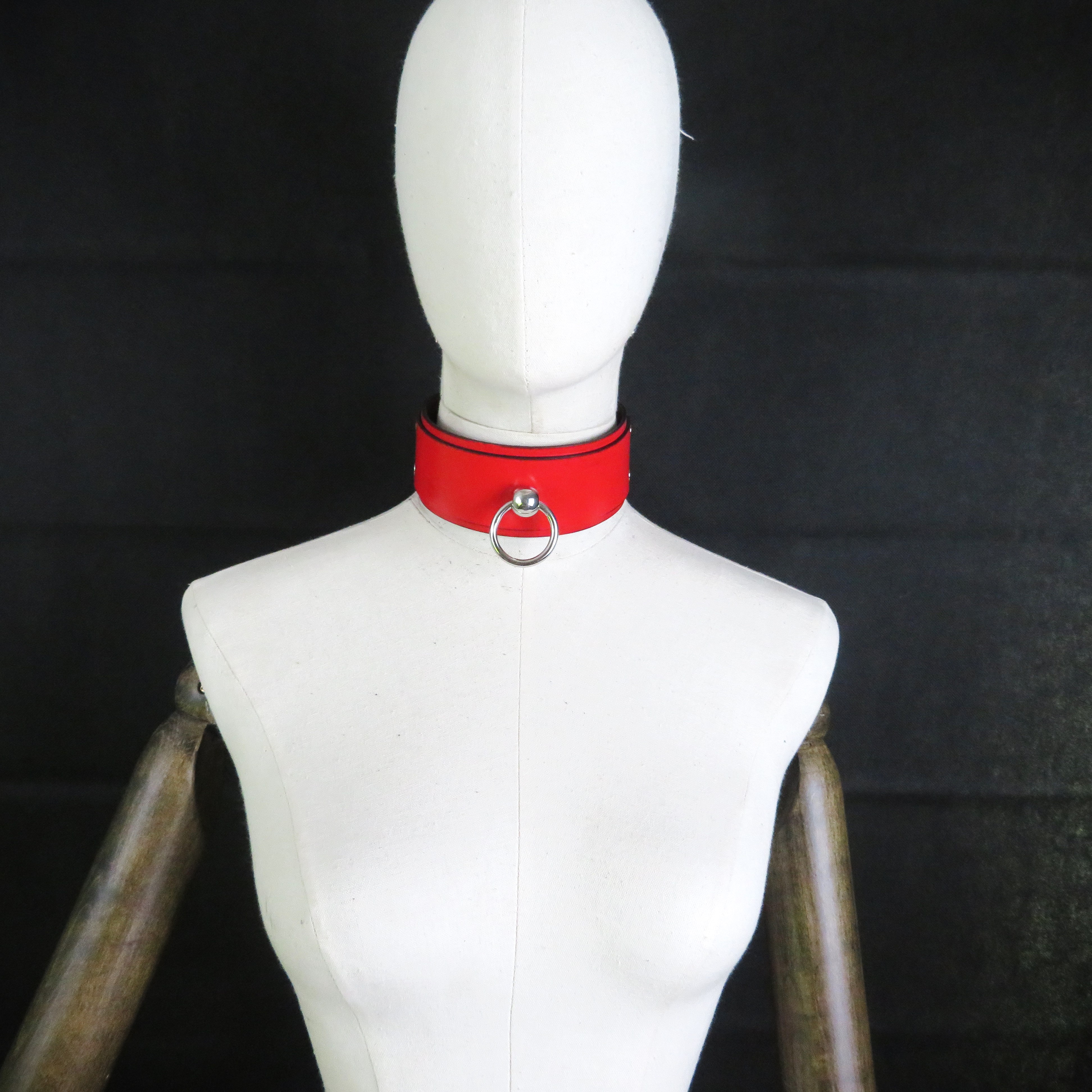 Handmade Red Leather Collar with Stainless Steel Ring