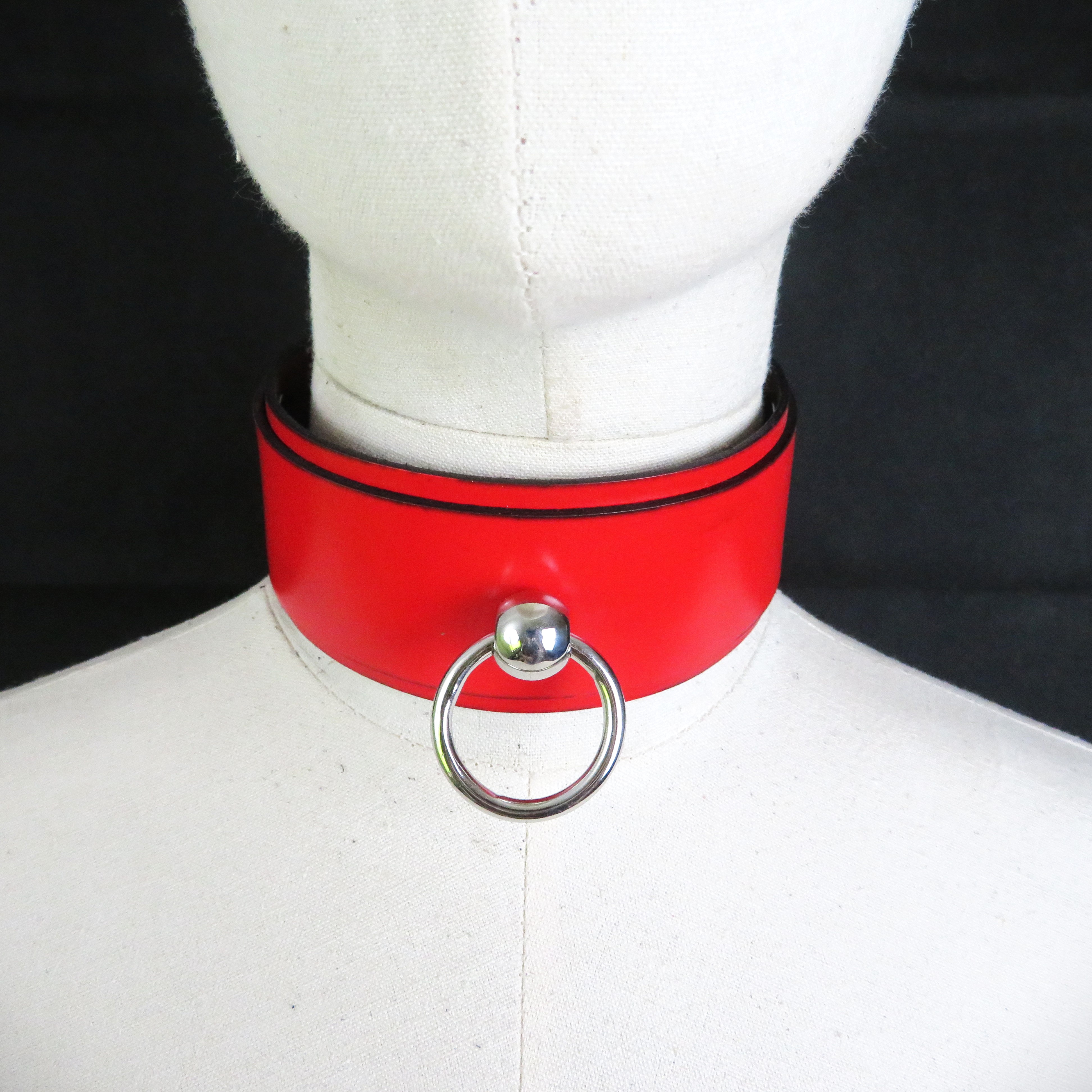 Handmade Red Leather Collar with Stainless Steel Ring